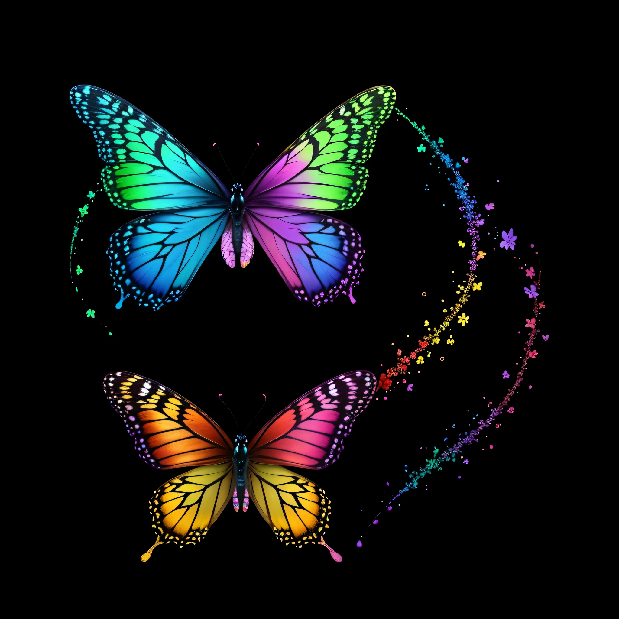 octane render, hdr, (hyperdetailed:1.15), (soft light, sharp:1.2), 1 heart, many butterflies, ultra detailed wings, thick rainbow of butterlies, rainbow painting drops, paint teardrops, splat, splash, colored rainbow turning into paint, butterflies turning into paint, ultra detailed texture, rainbow paint, rainbow flowers, paint drops, ornaments, outdoors, blooming trees, butterfly
