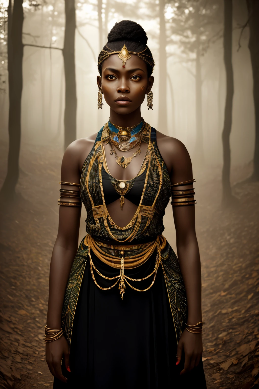In the heart of an autumnal forest, a stunning African woman, adorned in traditional attire and bearing intricately designed tattoos on her face and hands, stands as a beacon of beauty and strength. The scene is bathed in a black and white color grading, amplifying the chiaroscuro effect and the ethereal visuals. With leaves falling gently around her, creating a tranquil yet enigmatic atmosphere, this hyperrealistic image is meticulously rendered in 32k ultra HD using Unreal Engine, bringing every detail to life in stunning definition. The cinematic lighting casts dramatic shadows, accentuating the woman's features and the textures of her clothing,