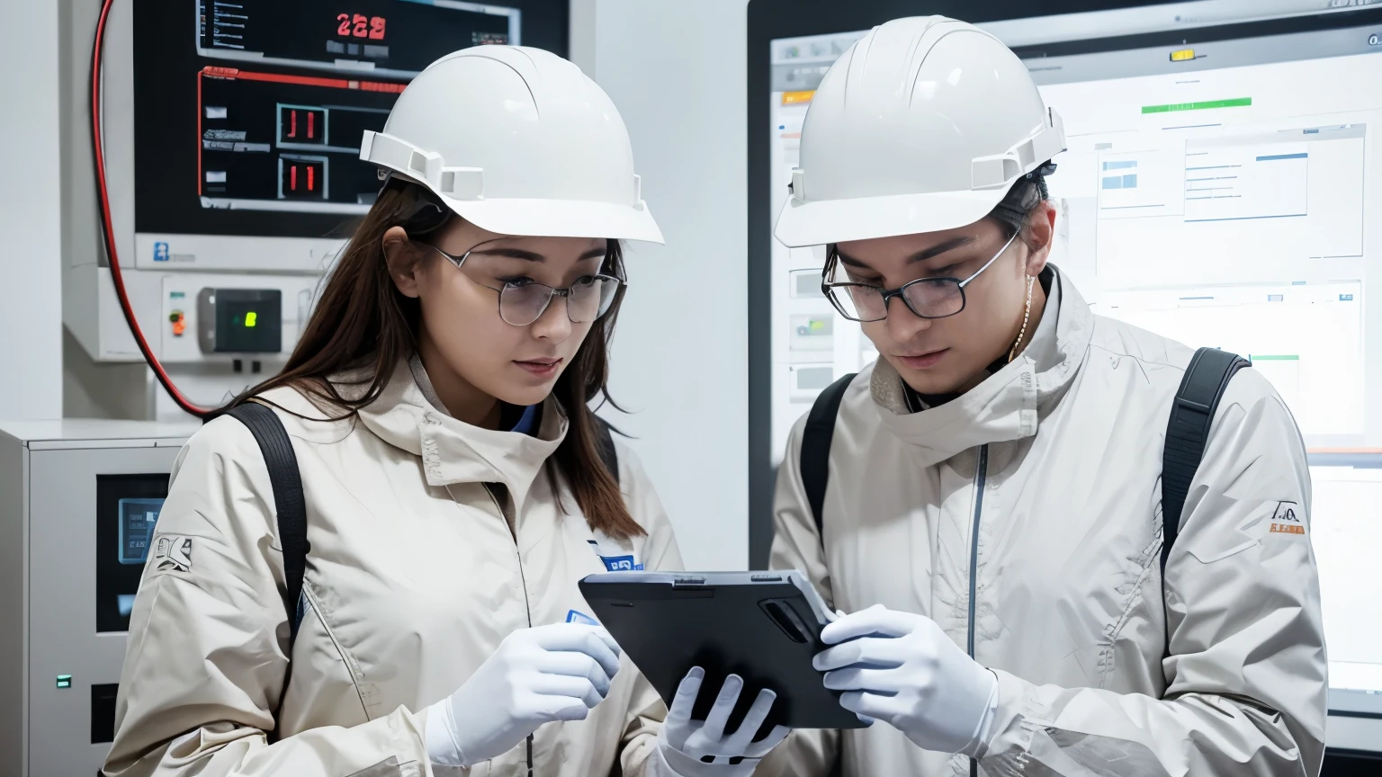two Engineers are checking the charging voltages of battery energy Storage system on the screen of hand held measuring equipment . white theme.