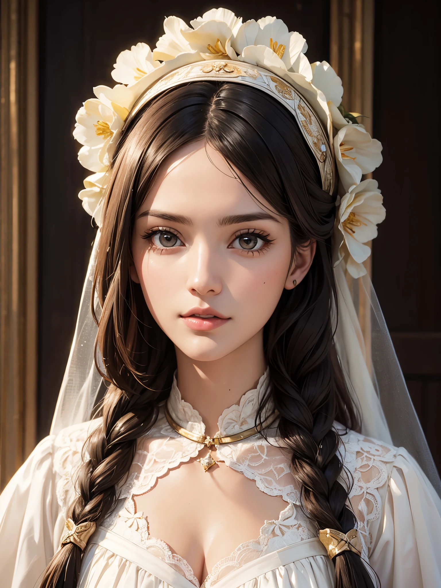 (best quality,ultra-detailed,realistic:1.37),portrait,painting,Eiza González,noble girl,beautiful half-body portrait,classical braid,bright and clear eyes,floral craftsmanship,crystal accessories,ultra-fine details,soft lighting