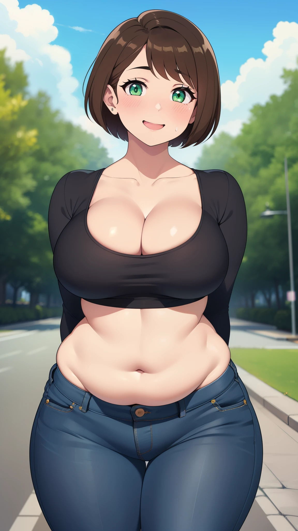 ((highres)), Masterpiece, high quality, best quality, beautiful, perfect lighting, detailed face, ultra cute face, ((1girl)), ((solo), short brown hair, fluffy hair, green eyes, blush, affectionate smile, teasing, arms behind back, looking at viewer, white crop top, jeans, standing in a park, daytime, cloudy, medium breasts, cleavage, wide hips, thick thighs, chubby