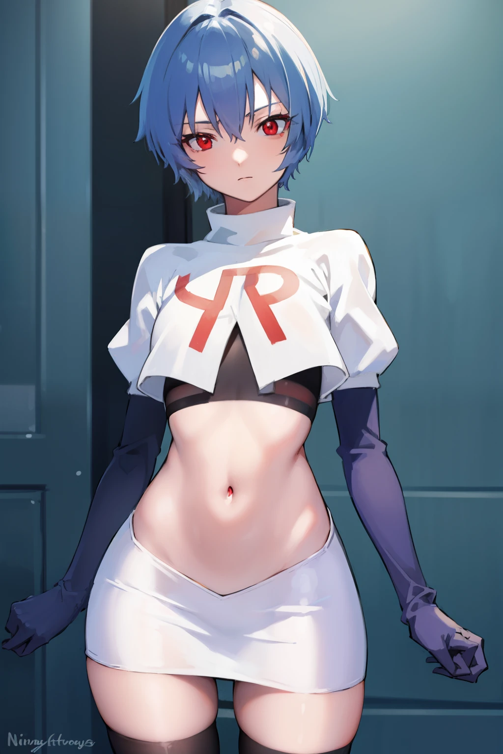 reiayanami, rei ayanami, blue hair, short hair, (red eyes:1.5), (small breast:1.2),
BREAK, headgear, team rocket,team rocket uniform,white skirt,red letter R,crop top,black thigh-highs,black elbow gloves
BREAK looking at viewer, (cowboy shot:1.5),
BREAK (masterpiece:1.2), best quality, high resolution, unity 8k wallpaper, (illustration:0.8), (beautiful detailed eyes:1.6), extremely detailed face, perfect lighting, extremely detailed CG, (perfect hands, perfect anatomy),