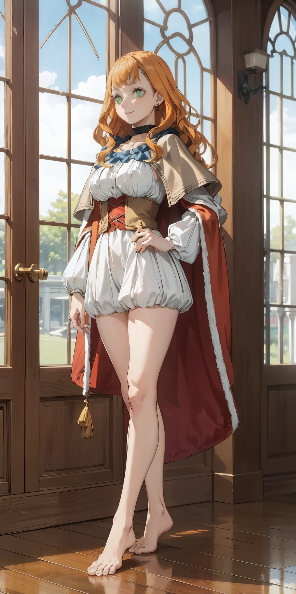 low angle, from below, wide hips, barefoot, choker, collar, full body standing symmetrical, 1girl, cowboy shot, beautiful mimosa_vermillion,long hair, bangs, green eyes, orange hair, mage_dress, golden_cape,mimosa_earrings, smile,room,indoors, volumetric lighting, best quality, masterpiece, intricate details, tonemapping, sharp focus, hyper detailed, trending on Artstation,