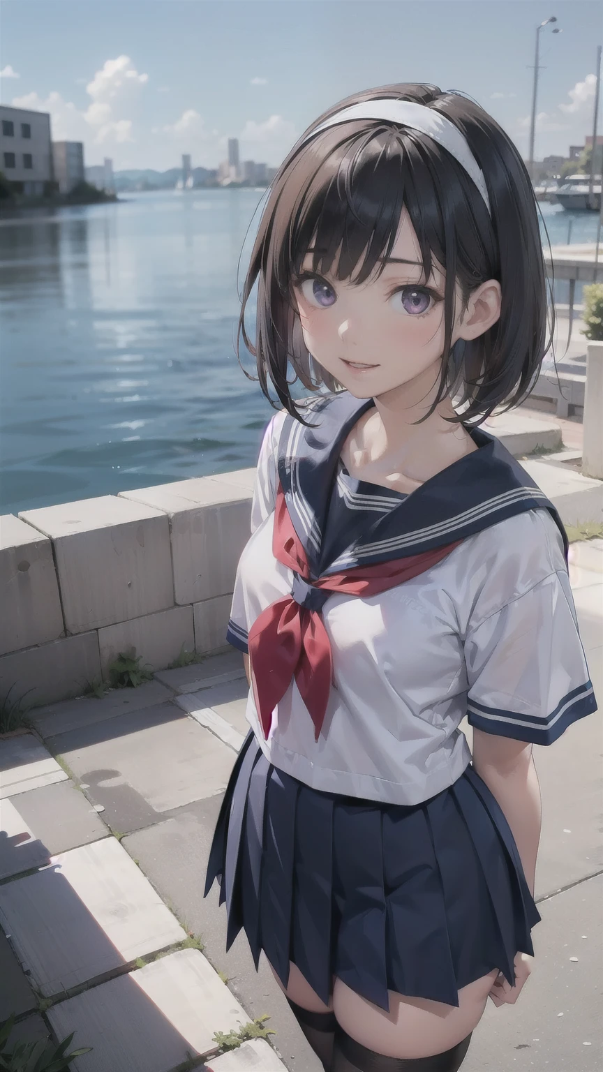 sailor suit, one woman, (a beauty woman, delicate :1.3), 8K, highest quality, masterpiece, Super detailed, ultra high resolution, realistic, RAW photo, absolute resolution, black hair, bob cut, small face compared to body, very small face, black hair, navy blue sailor uniform, Dark blue skirt, High school girl in sailor suit, Anime 2D rendering, realistic若いアニメの女子高生, , ((white headband)), (white headband), position looking down from above, small breasts, tall, slanted eyes, purple eyes, (school scenery), black stockings, bright color, open your mouth, smile,