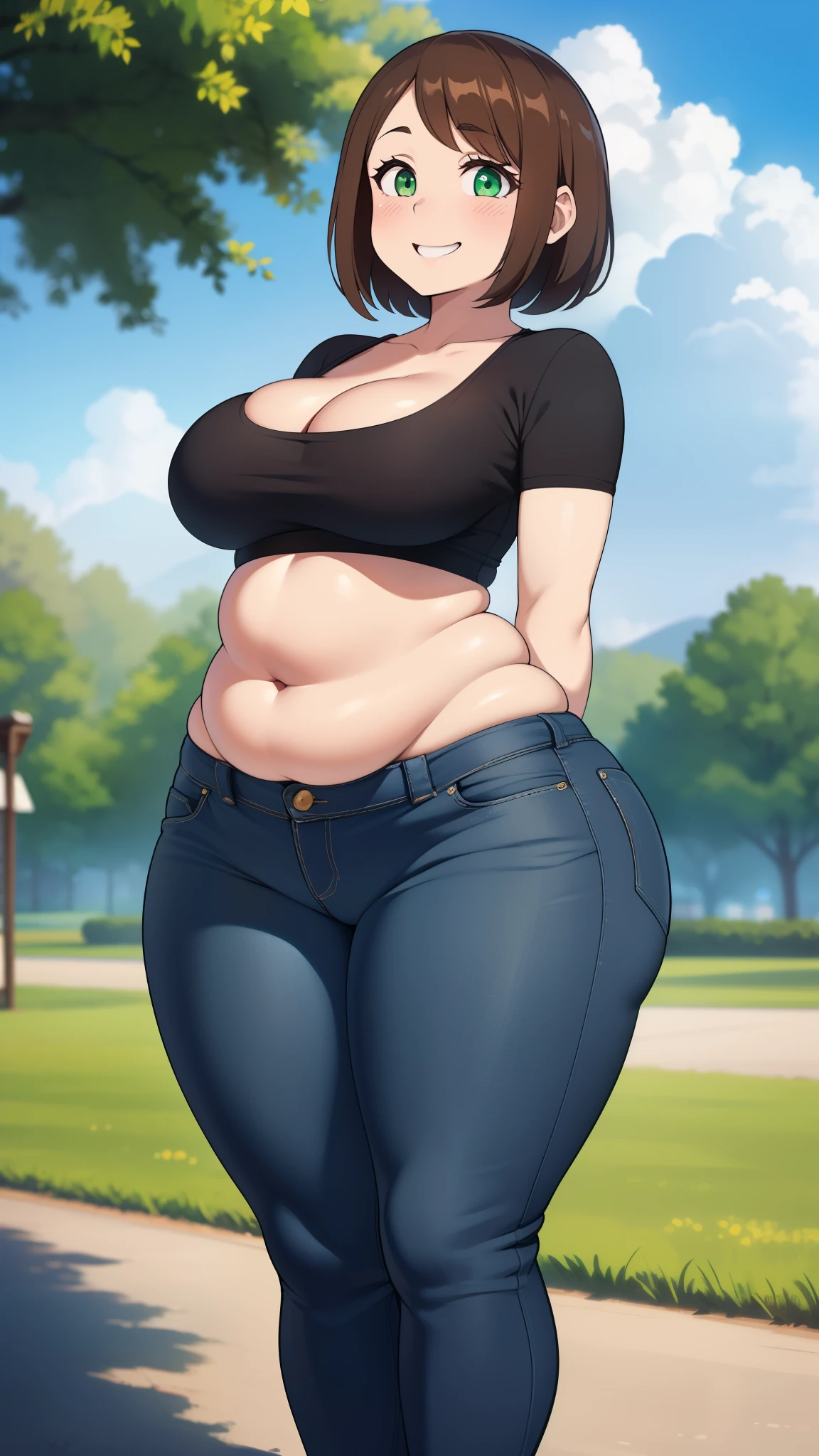 ((highres)), Masterpiece, high quality, best quality, beautiful, perfect lighting, detailed face, ultra cute face, ((1girl)), ((solo), short brown hair, fluffy hair, green eyes, blush, affectionate smile, teasing, arms behind back, looking at viewer, white crop top, jeans, standing in a park, daytime, cloudy, medium breasts, cleavage, wide hips, thick thighs, chubby