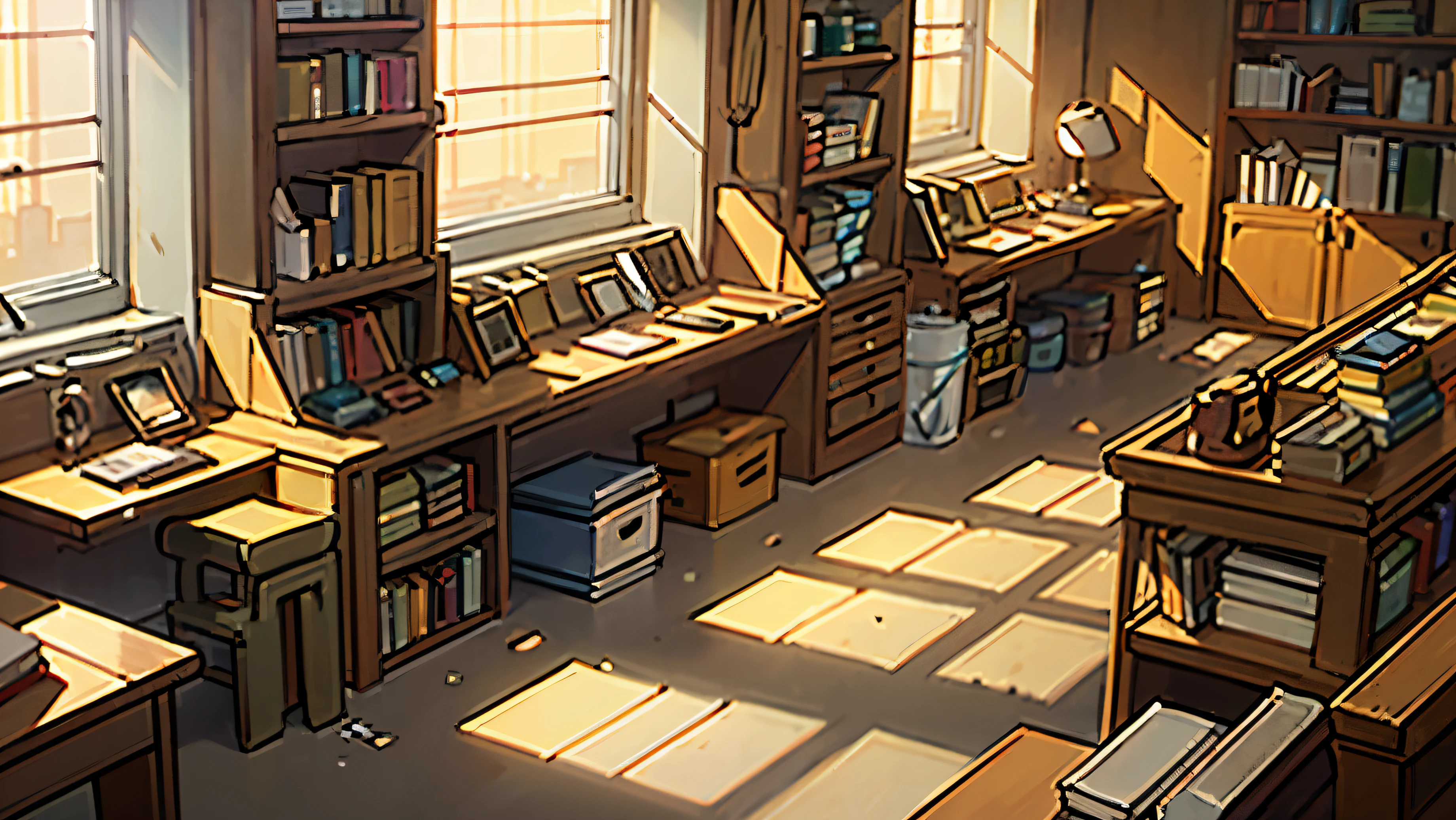 Sunlight streams through dusty windows, casting a warm glow over rows of towering bookshelves in library