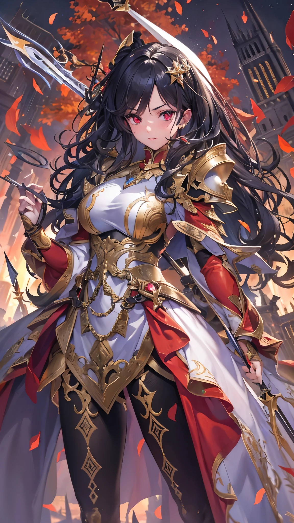 perfect anatomy, masterpiece:1.2, best quality, 8k, beautiful detailed grow, daydreaming expression, break, (((hand holding divine rapier gripping divine rapier in hand))), (battle style:1.3, combat readiness), (soro:1.2, princes knight cute girl is curly black hair long hair, cute red eyes, concentrate face), (in a red princes armor), break, in the battlefield at dusk.