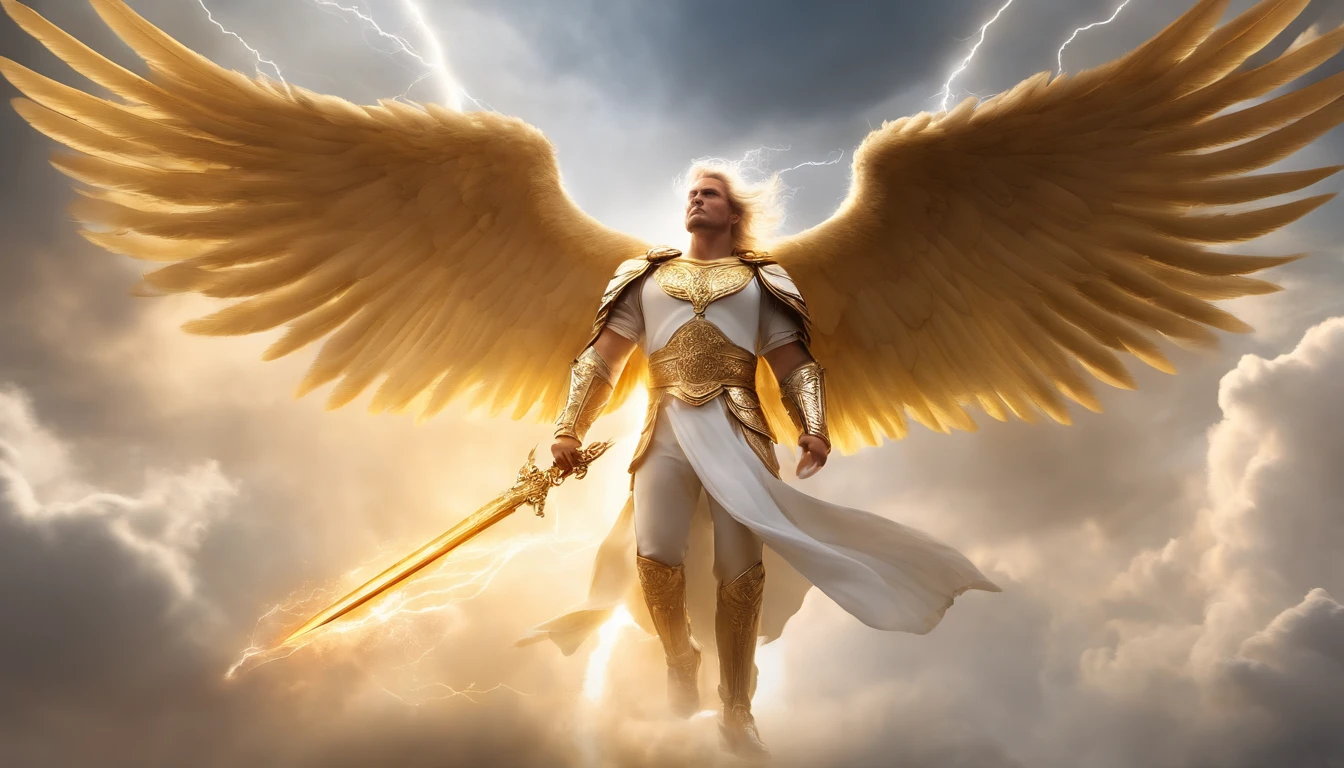 Realistic, gabriel angel,golden white Angel with big wings, on thw way to ground,lightning thunder struk on his body,The sword, Wearing flames, thunder striking all over his body, white lightning eyes, thunder on his eyes, striking down,in the cloud, background cloud