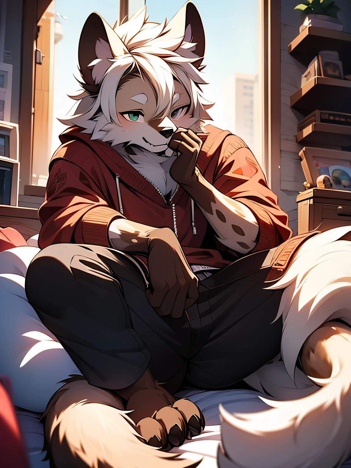 Make a single Furry with a combination of characteristics of a hyena and a wolf, el cual su pelaje sea gris en totalidad pero con partes negras y naranjadas, este tiene q tener unas gafas