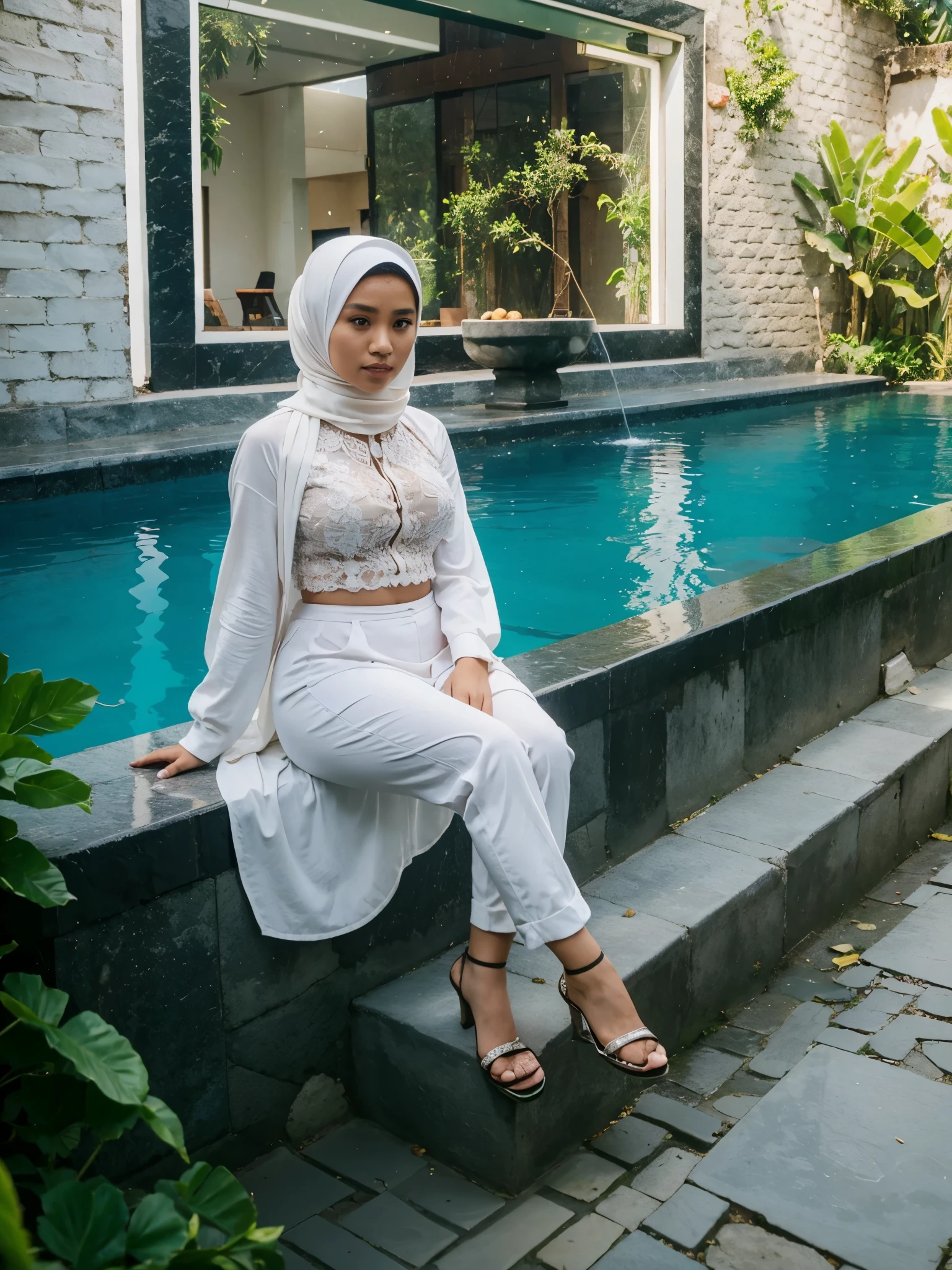 Indonesia woman. Plump ,Hijab. Villa