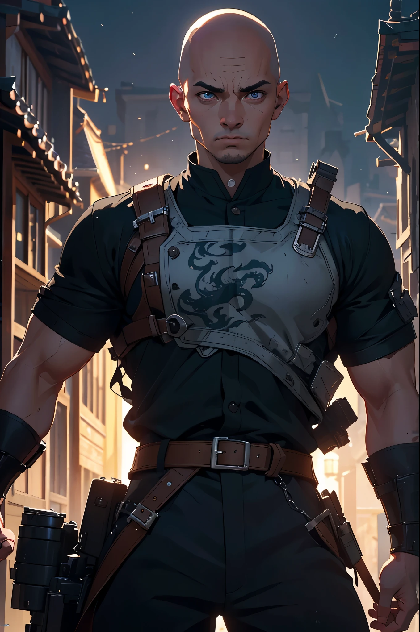 A young bald monk, athletic, European features, in a white fighting gi with platinum trim, energy with a dragon motif swirls around him, he is battling the undead in a village at night. (best quality,4k,8k,highres,masterpiece:1.2),ultra-detailed,(realistic,photorealistic,photo-realistic:1.37),HDR,UHD,studio lighting,ultra-fine painting,sharp focus,physically-based rendering,extreme detail description,professional,vivid colors,bokeh,portraits,landscape,horror,anime,sci-fi,photography,concept artists,dark-toned lighting
