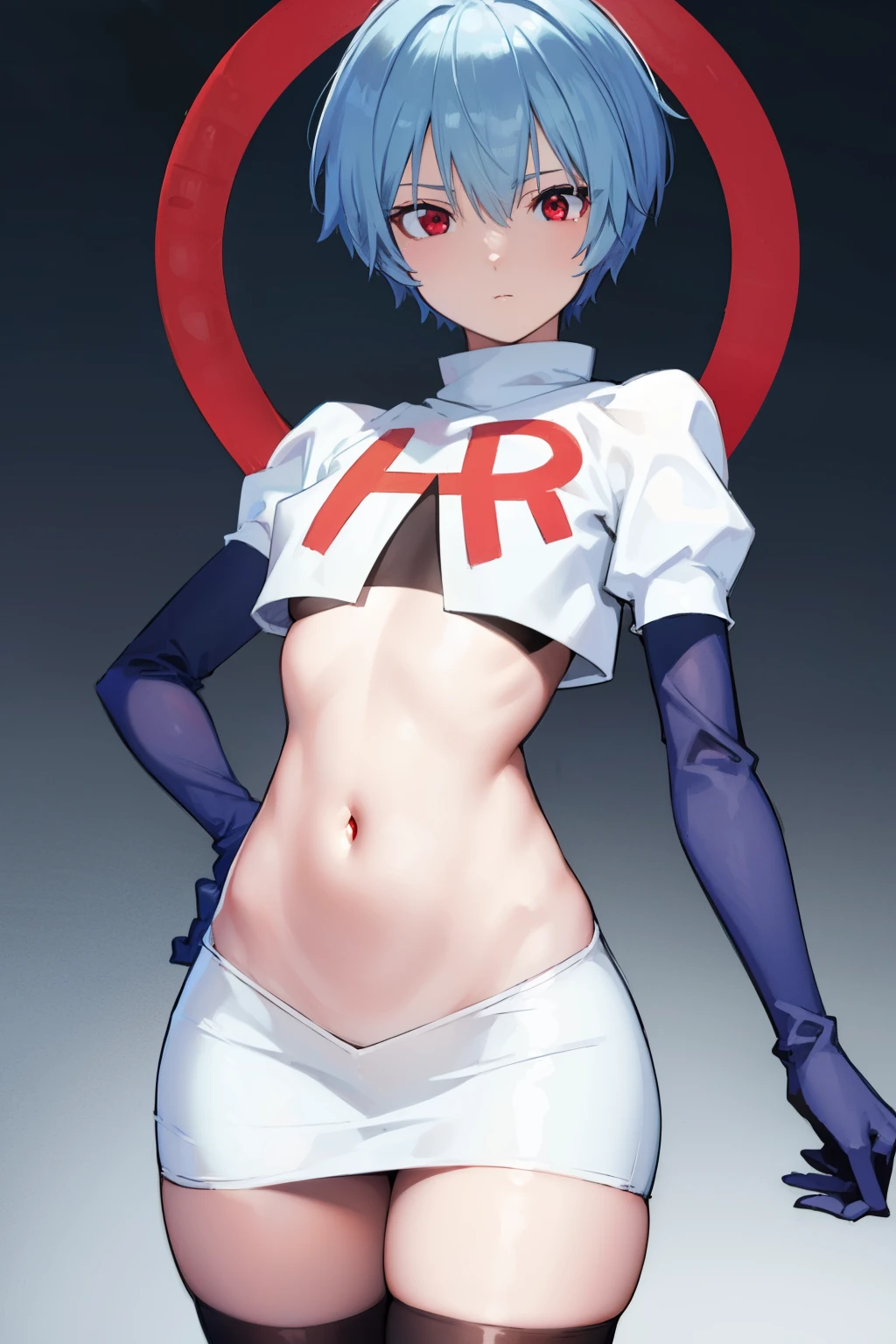 reiayanami, rei ayanami, blue hair, short hair, (red eyes:1.5), (small breast:1.2),
BREAK, headgear, team rocket,team rocket uniform,white skirt,red letter R,crop top,black thigh-highs,black elbow gloves
BREAK looking at viewer, (cowboy shot:1.5),
BREAK (masterpiece:1.2), best quality, high resolution, unity 8k wallpaper, (illustration:0.8), (beautiful detailed eyes:1.6), extremely detailed face, perfect lighting, extremely detailed CG, (perfect hands, perfect anatomy),