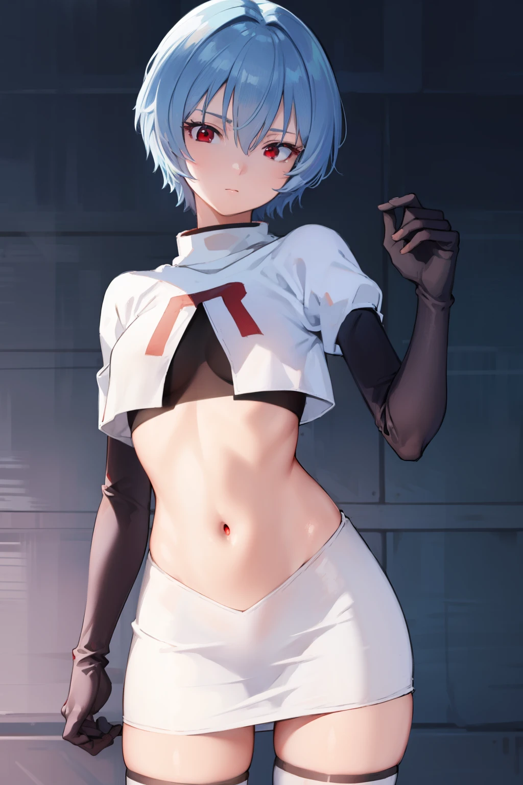 reiayanami, rei ayanami, blue hair, short hair, (red eyes:1.5), (small breast:1.2),
BREAK, headgear, team rocket,team rocket uniform,white skirt,red letter R,crop top,black thigh-highs,black elbow gloves
BREAK looking at viewer, (cowboy shot:1.5),
BREAK (masterpiece:1.2), best quality, high resolution, unity 8k wallpaper, (illustration:0.8), (beautiful detailed eyes:1.6), extremely detailed face, perfect lighting, extremely detailed CG, (perfect hands, perfect anatomy),
