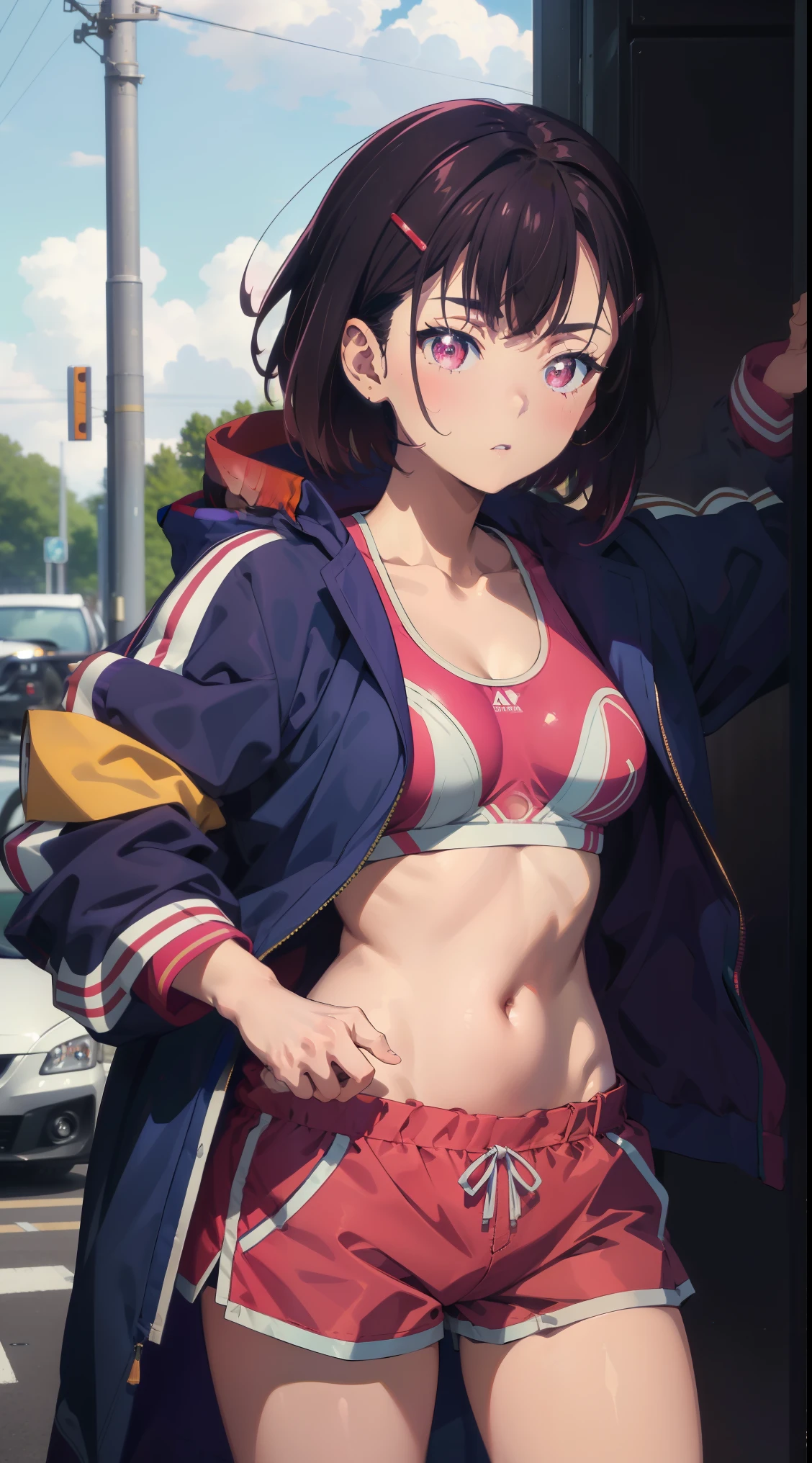 (masterpiece, highest quality), intricate details, Shizuzo 100, 1 girl, short hair, dark purple hair, bangs, hair ornaments, hair clip, pink eyes, white pupils, medium breasts, clavicle, blue jacket, play sports often, belly button, abdomen, pink shorts, dynamic pose,