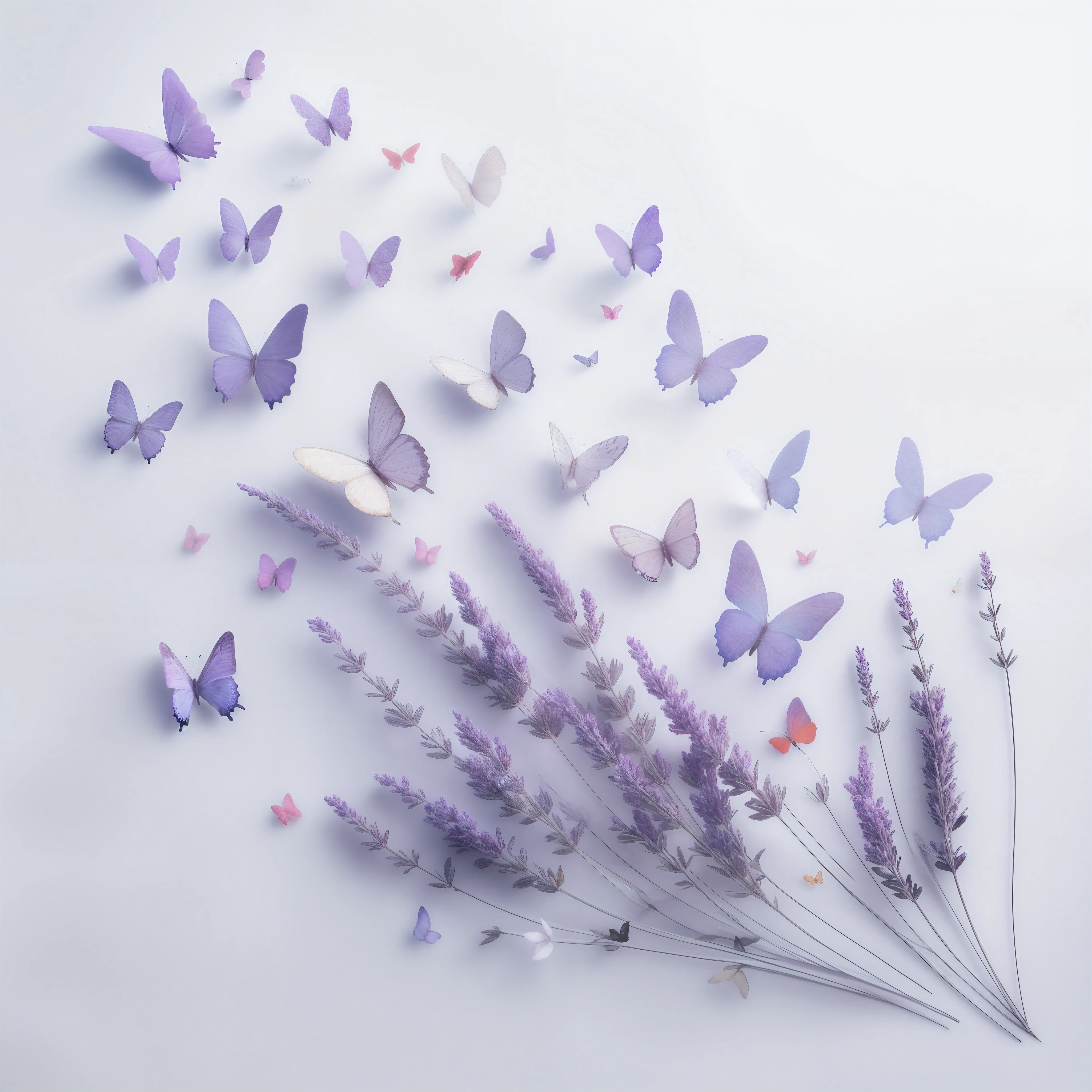 lavender flowers and butterflies are arranged on a white surface, butterflies flying, butterflies, harmony of butterfly, by Jan Kupecký, butterflies floating in the sky, beautiful artwork, paper art, by Shen Che-Tsai, flowers and butterflies, lavender, lavender flowers, made of paper, by Anna Füssli, butterfly, by Liang Kai