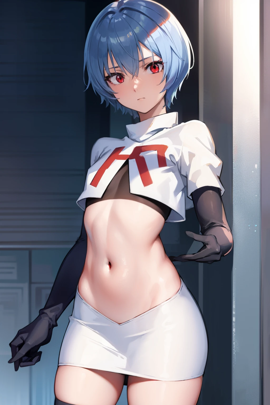 reiayanami, rei ayanami, blue hair, short hair, (red eyes:1.5), (small breast:1.2),
BREAK, headgear, team rocket,team rocket uniform,white skirt,red letter R,crop top,black thigh-highs,black elbow gloves
BREAK looking at viewer, (cowboy shot:1.5),
BREAK (masterpiece:1.2), best quality, high resolution, unity 8k wallpaper, (illustration:0.8), (beautiful detailed eyes:1.6), extremely detailed face, perfect lighting, extremely detailed CG, (perfect hands, perfect anatomy),