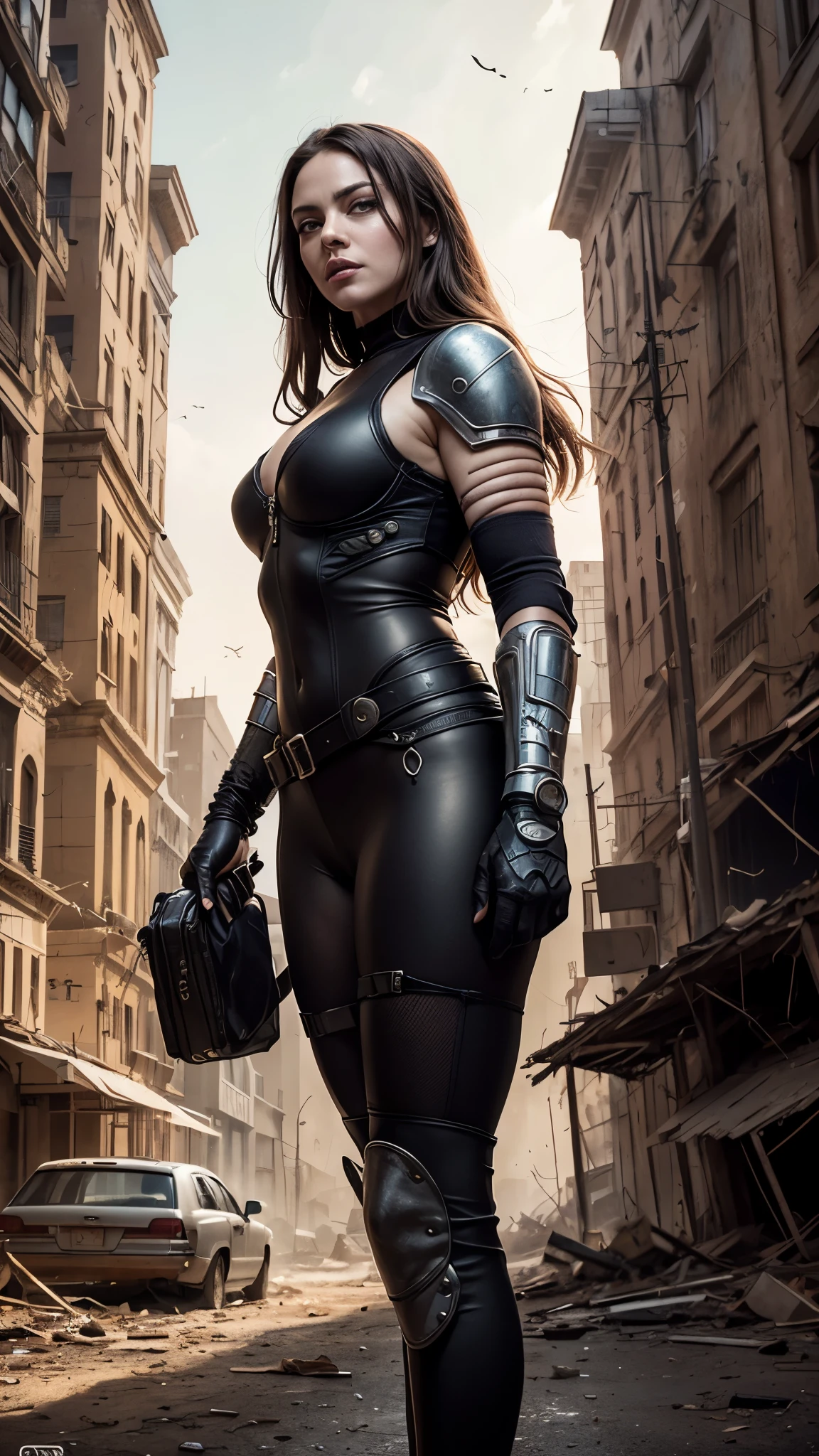 post-apocalyptic art, Madonna, 25 years old, as a beautiful madmax woman in a cybernetic suit, very short light brown hair, green eyes, detailed skin texture, detailed cloth texture, beautiful detailed perfect face, she is in a desert city amid wrecked cars and ruined buildings, intricate sharp details, ultra high resolution, professional ominous concept art by artgerm and greg rutkowski, an intricate, elegant and highly detailed digital painting, conceptual art, soft and sharp focus, illustration, in the style of Simon Stalenhag, Wayne Barlowe and Igor Kieryluk.