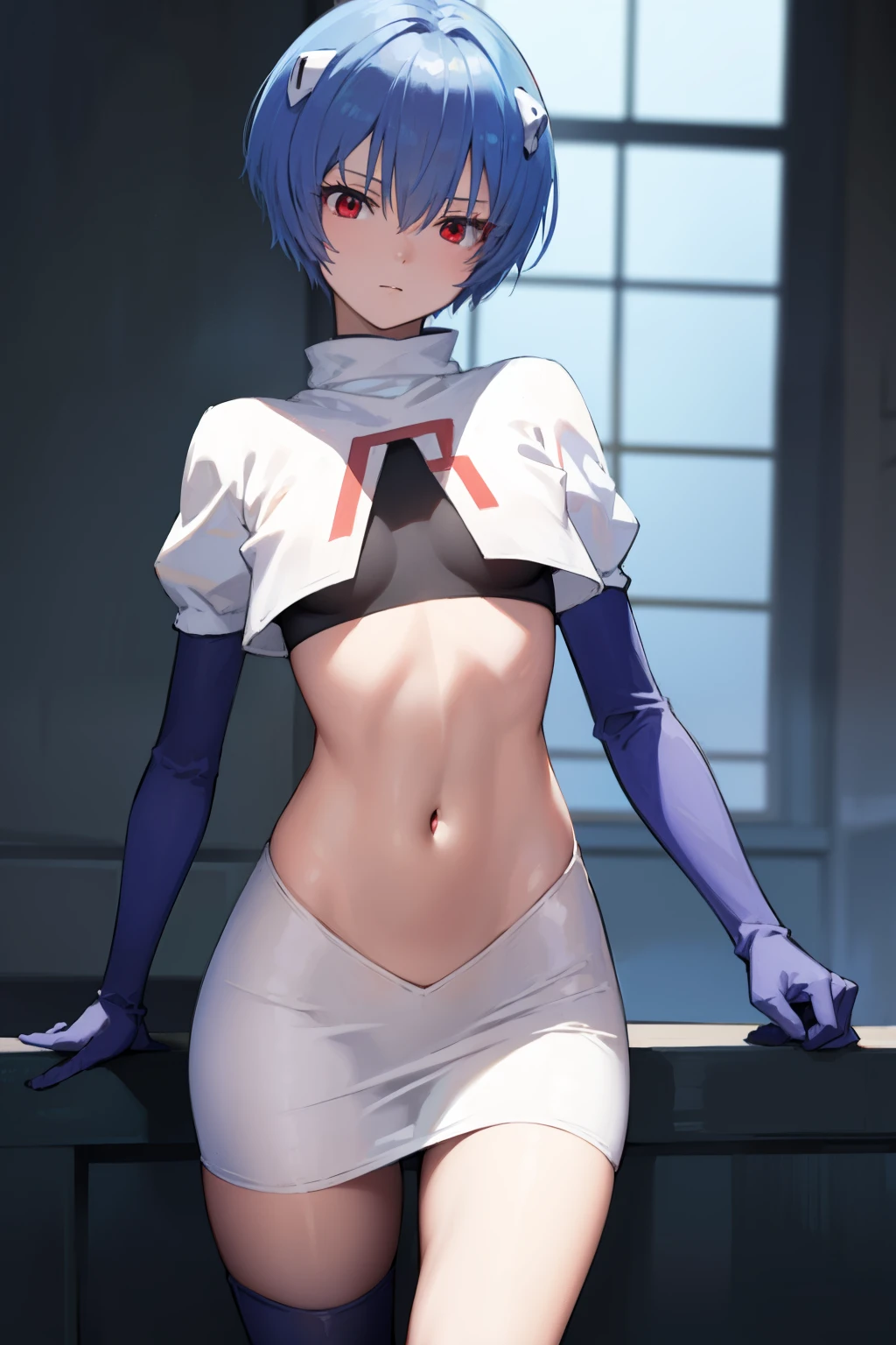 reiayanami, rei ayanami, blue hair, short hair, (red eyes:1.5), (small breast:1.2),
BREAK, headgear, team rocket,team rocket uniform,white skirt,red letter R,crop top,black thigh-highs,black elbow gloves
BREAK looking at viewer, (cowboy shot:1.5),
BREAK (masterpiece:1.2), best quality, high resolution, unity 8k wallpaper, (illustration:0.8), (beautiful detailed eyes:1.6), extremely detailed face, perfect lighting, extremely detailed CG, (perfect hands, perfect anatomy),