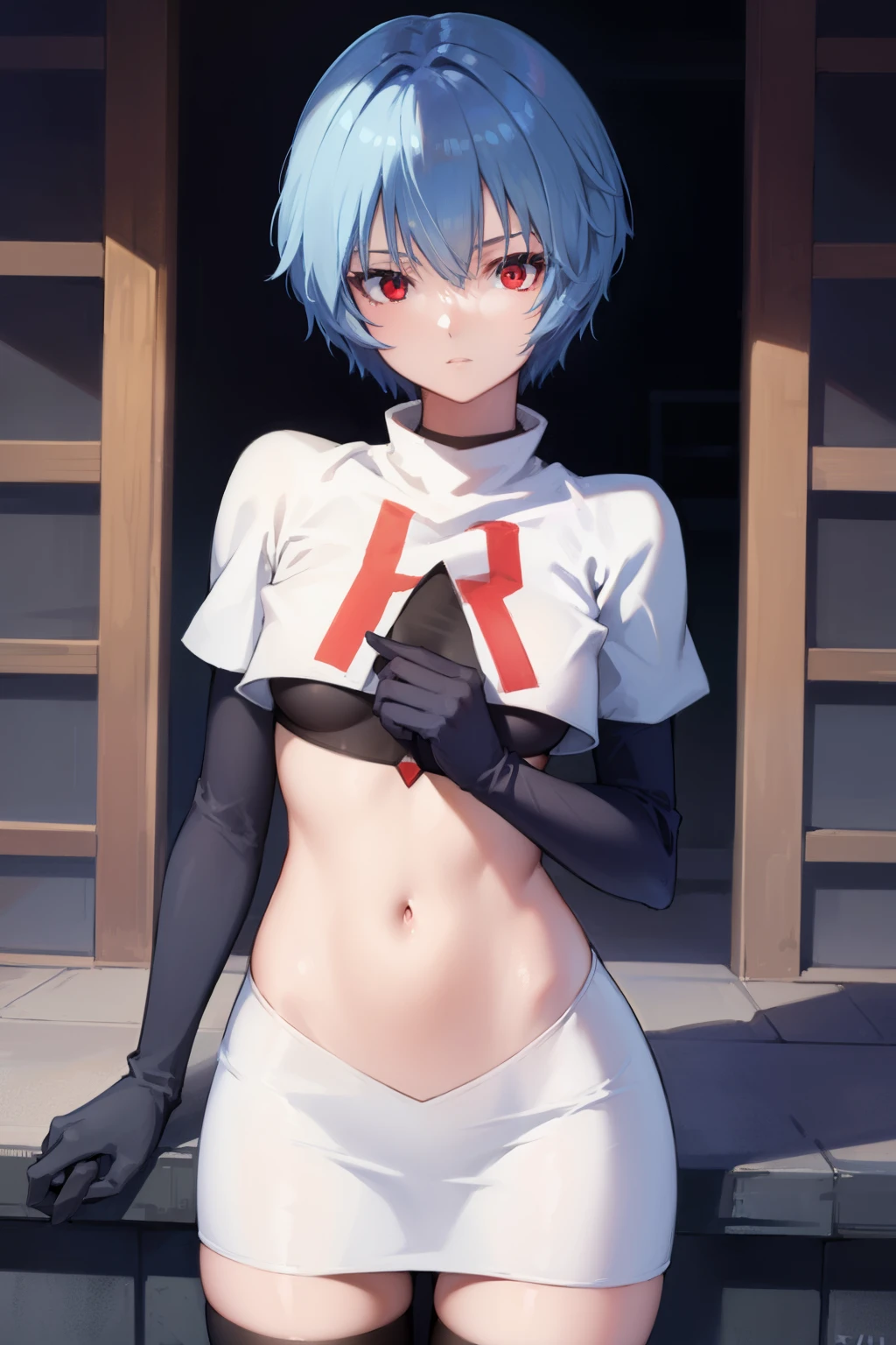 reiayanami, rei ayanami, blue hair, short hair, (red eyes:1.5), (small breast:1.2),
BREAK, headgear, team rocket,team rocket uniform,white skirt,red letter R,crop top,black thigh-highs,black elbow gloves
BREAK looking at viewer, (cowboy shot:1.5),
BREAK (masterpiece:1.2), best quality, high resolution, unity 8k wallpaper, (illustration:0.8), (beautiful detailed eyes:1.6), extremely detailed face, perfect lighting, extremely detailed CG, (perfect hands, perfect anatomy),