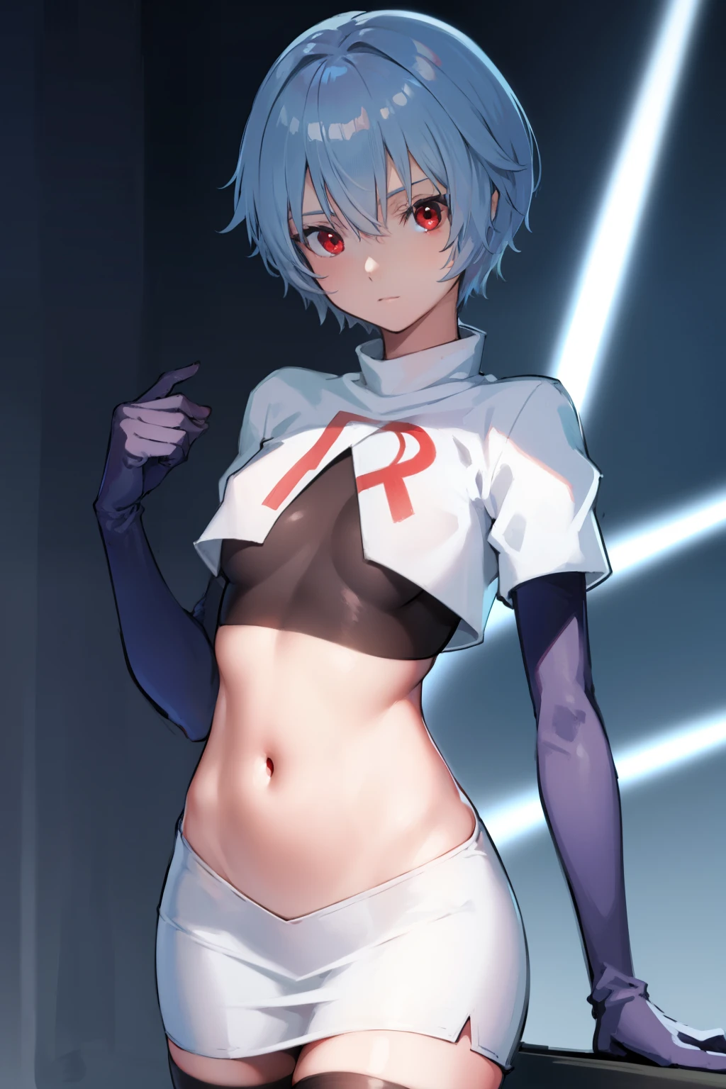 reiayanami, rei ayanami, blue hair, short hair, (red eyes:1.5), (small breast:1.2),
BREAK, headgear, team rocket,team rocket uniform,white skirt,red letter R,crop top,black thigh-highs,black elbow gloves
BREAK looking at viewer, (cowboy shot:1.5),
BREAK (masterpiece:1.2), best quality, high resolution, unity 8k wallpaper, (illustration:0.8), (beautiful detailed eyes:1.6), extremely detailed face, perfect lighting, extremely detailed CG, (perfect hands, perfect anatomy),