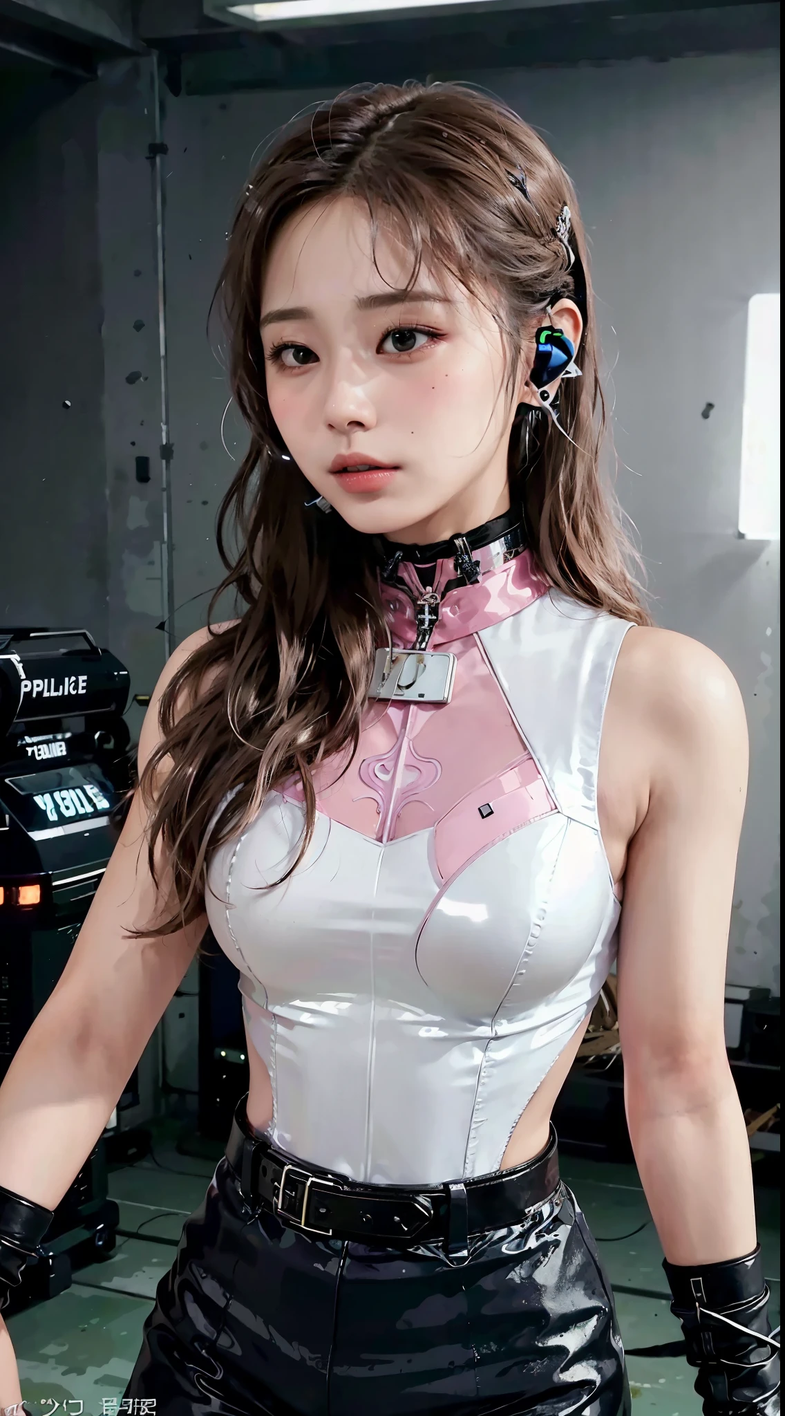 Top Quality, Ultra High Definition, (backlight), (Photorealistic: 1.4), (front shot:1), 1 Beautiful Girl, (Kpop Idol), Detailed Face, (Hair Style: Pink:1, fullbang, wavy-hairstyle:1), Contrapposto, Perfect Anatomy, muscular and plump:0.6, wavy hair, Natural Lighting, ((wearing Futuristic Police Racing Suits, police wappen, tight:0.8, High-tech Headset, military harness, racing gloves, handgun)), outside honey wavy hairstyle, (Cloths colors based on silver pink black white), (background, crashed abandoned machines, smokes, indoor space),