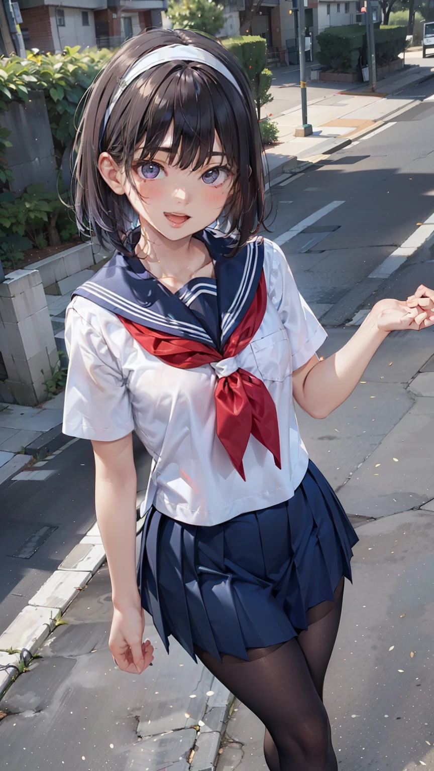 sailor suit, one woman, (a beauty woman, delicate :1.3), 8K, highest quality, masterpiece, Super detailed, ultra high resolution, realistic, RAW photo, absolute resolution, black hair, bob cut, small face compared to body, very small face, black hair, navy blue sailor uniform, Dark blue skirt, High school girl in sailor suit, Anime 2D rendering, realistic若いアニメの女子高生, , ((white headband)), (white headband), position looking down from above, small breasts, tall, slanted eyes, purple eyes, (school scenery), black stockings, bright color, open your mouth, smile,