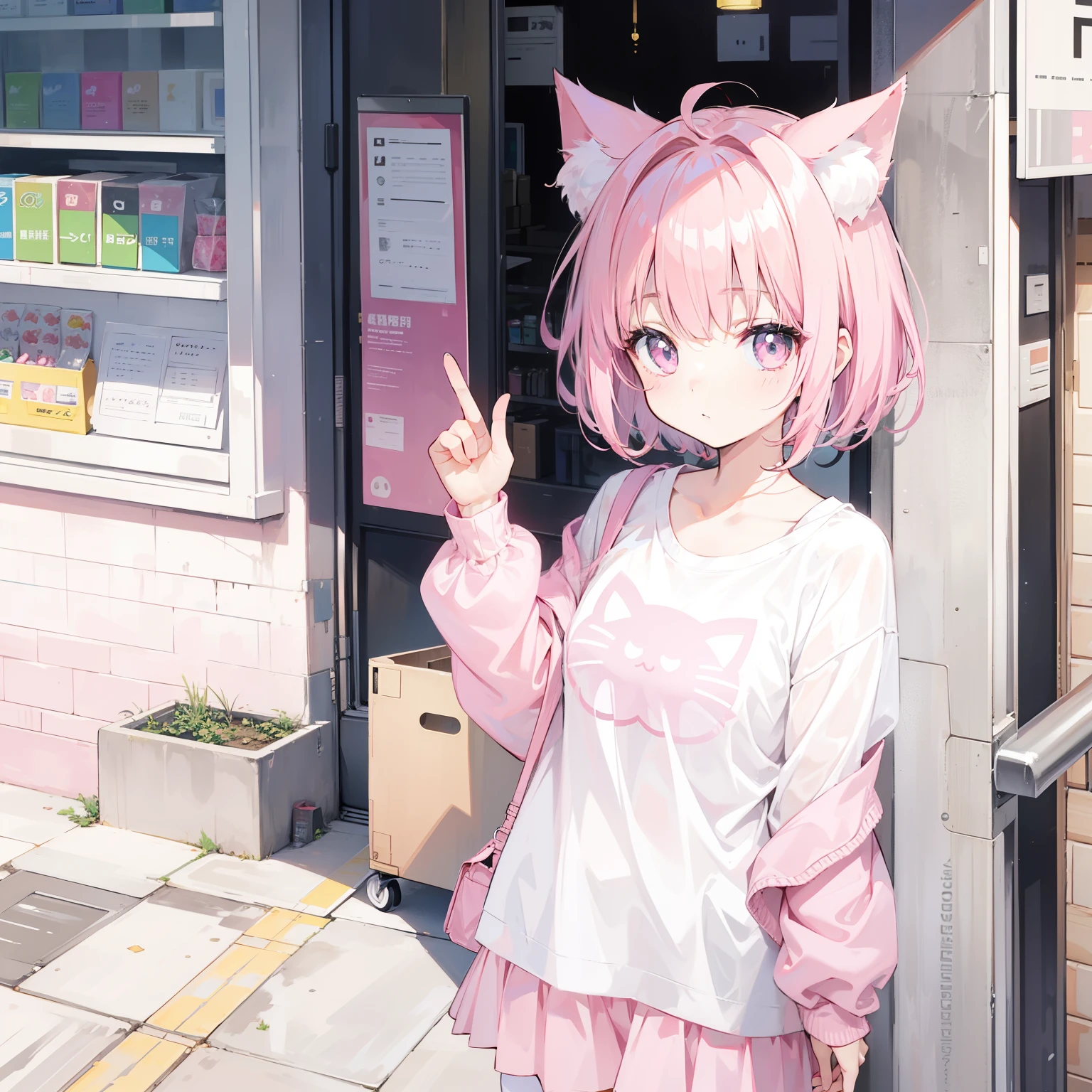 Transparent pink short hair，Milky ultra light pink clothes，light pink student，super cute sweet girl、1 girl、Childish clothes、Cat ear