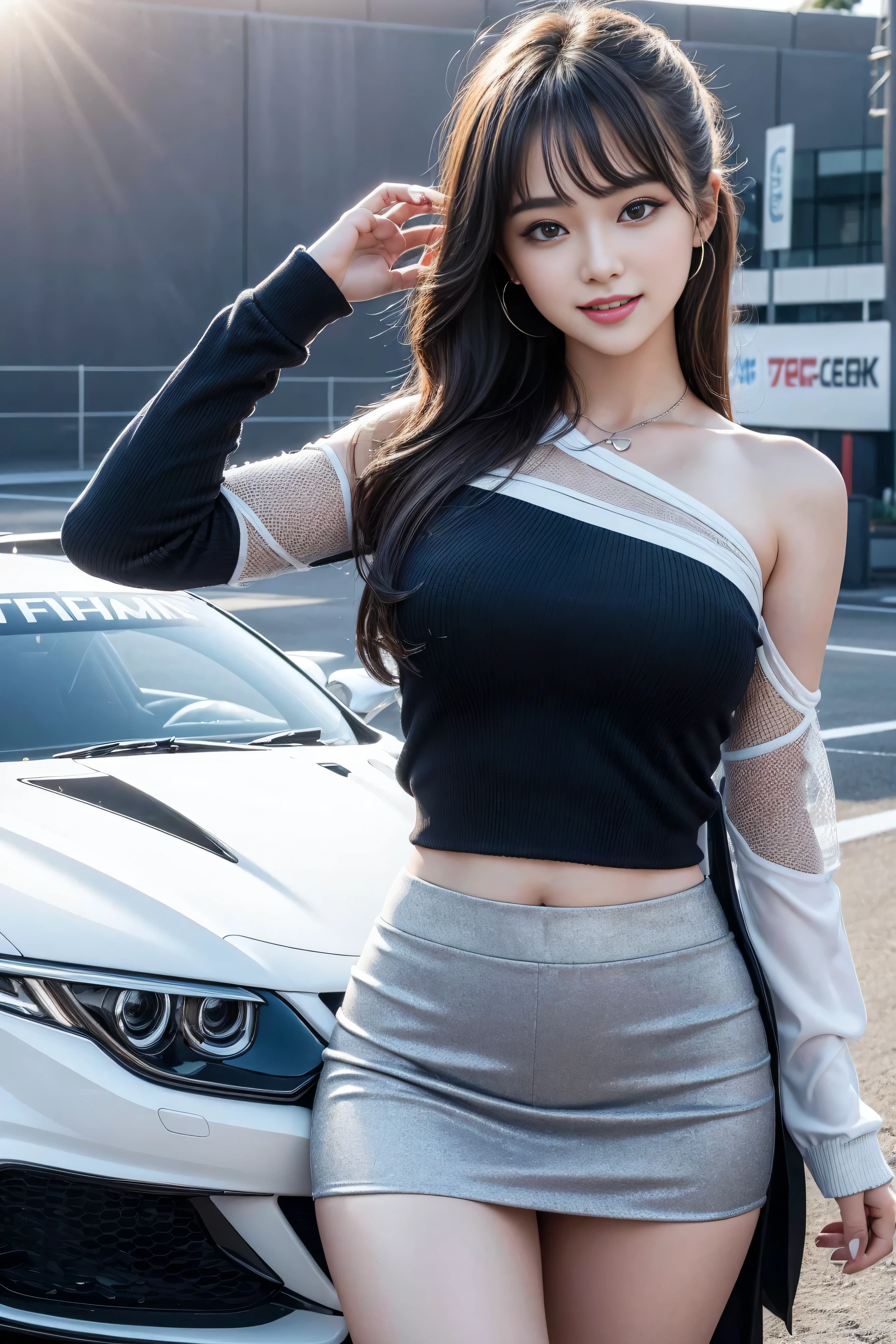 (((One shoulder mesh girls suit))),(((dynamic poses))),(((midriff peek))),(((Show lower chest ))),(((miniskirt lift))),(((Bare inner thighs))),(((Showcasing Formula One racing cars))),ulzzang-6500-v1.1, (original photo:1.2), (lifelike:1.4), A beautiful and delicate girl, Extremely detailed eyes and face, beautiful and delicate eyes, super detailed, high resolution, top quality, Masterpiece, Very detailed, 8k wallpaper, wonderful, Exquisite details, top quality, There is Light on the face,Light,1 girl in,(Rails),beautiful eyes,Smile,open mouth