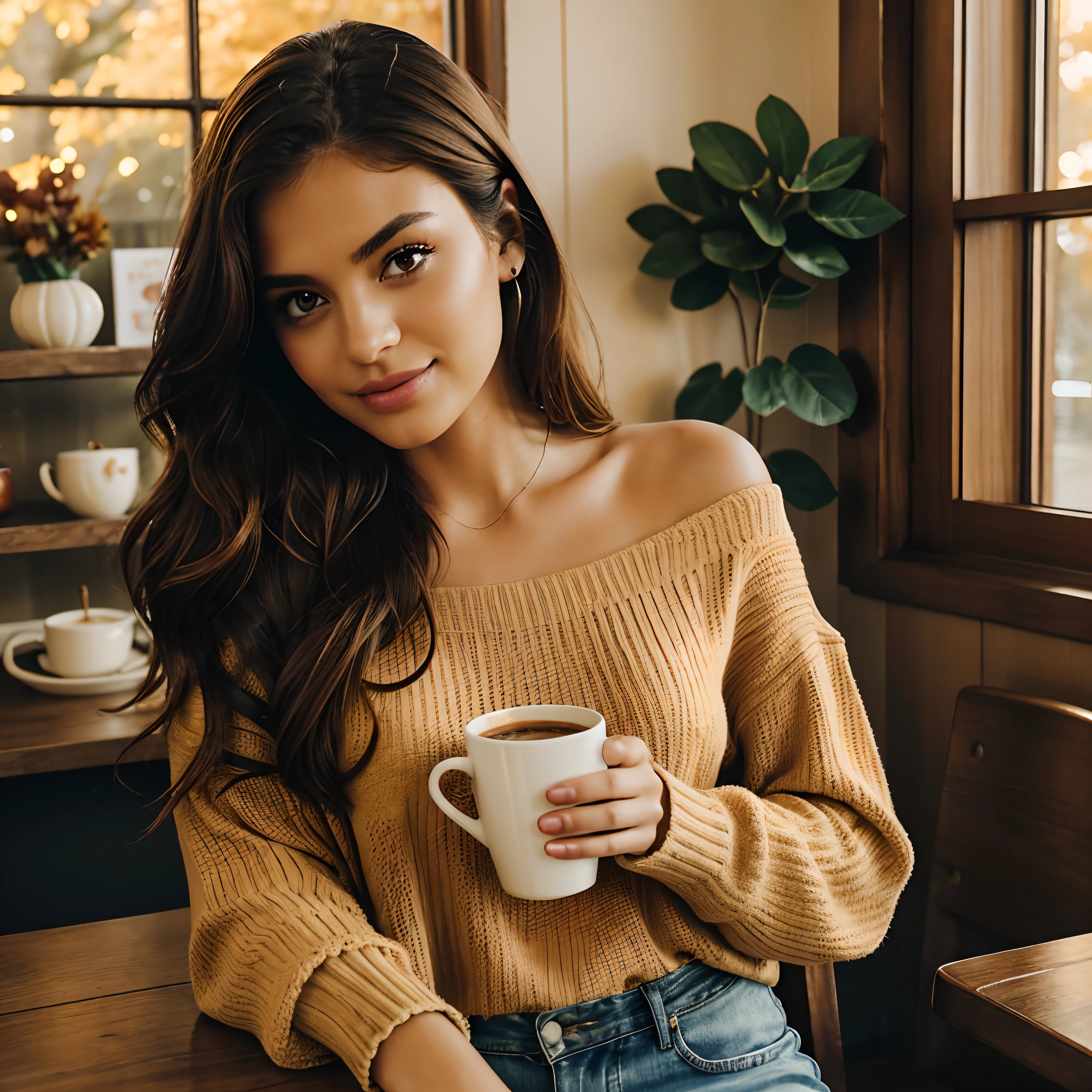 Générez une série de photographies réconfortantes de l’automne, L’influenceur captivant, alors qu’elle s’adonne au délice saisonnier d’un café au lait épicé. L’automne devrait apparaître au milieu de ses 20 ans, Mesurant environ 5'4" Grand, avec longtemps, Des cheveux châtains ondulés drapés gracieusement sur ses épaules. Sa silhouette de sablier athlétique est accentuée par son buste complet, et son teint arbore un, bronzage ensoleillé. Les yeux bruns expressifs de l’automne respirent le charisme, et elle se comporte avec un comportement détendu et confiant.

La tenue d’automne doit incarner le chic cosy, reflétant son style impeccable. Elle porte un soft, pull surdimensionné dans un chaud, couleur invitante, Jumelé avec un ajustement bien ajusté, Jeans taille haute. Cet ensemble doit créer un sentiment de confort et de sophistication.

La séance photo se déroule dans un charmant, Café rustique orné d’un décor automnal. Le cadre doit envelopper l’automne dans la chaleur de l’automne, avec doux, Un éclairage diffus qui ajoute à l’ambiance invitante. Les environs devraient inclure des sièges confortables, Tables rustiques en bois, et le riche arôme du café fraîchement moulu dans l’air.

L’automne est capturé dans des moments candides, Savourer son café au lait épicé. Ces photos doivent refléter le confort et la tranquillité du café, alors qu’elle sirote la boisson chaude, peut-être regarder par la fenêtre perdu dans ses pensées ou partager un sourire éclatant. The la photographie should embrace natural lighting, créer une atmosphère accueillante qui capture l’essence de la délicieuse expérience du café de l’automne.

Maquillage intense, Ambiance chaleureuse, yeux symétriques, visage symétrique, photoréaliste, la photographie, traçage du chemin, éclairage spéculaire, éclairage facial volumétrique, cheveux tracés, ombres visibles, complexe, élaborer, hyper réaliste.