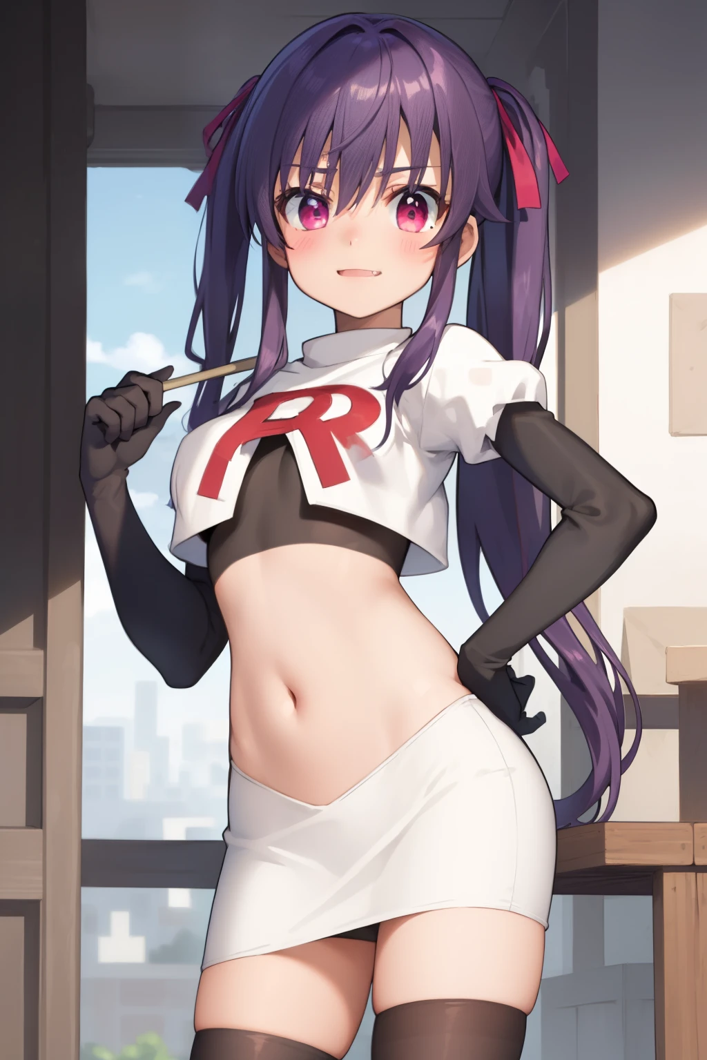 masterpiece, best quality, blush, 1girl, cowboy shot, solo, ebikurumi, long hair, twintails, open mouth, fang, purple eyes, purple hair, hair ribbon, smile, looking at viewer, depth of field, team rocket,team rocket uniform,white skirt,red letter R,crop top,black thigh-highs,black elbow gloves