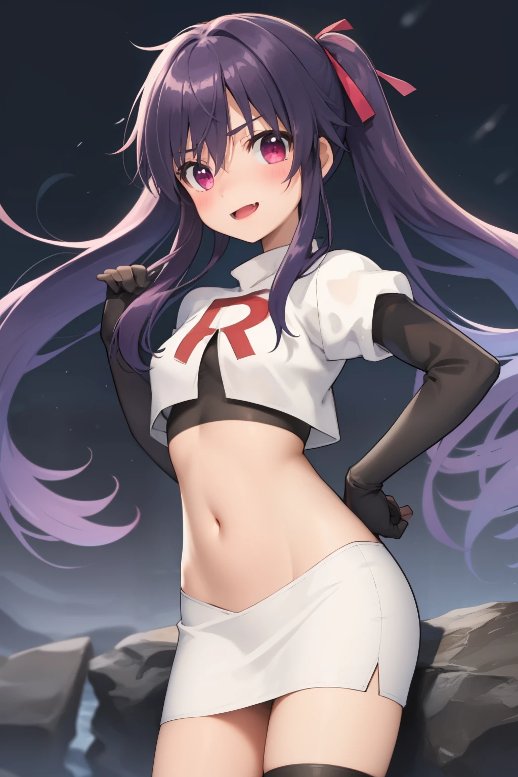 masterpiece, best quality, blush, 1girl, cowboy shot, solo, ebikurumi, long hair, twintails, open mouth, fang, purple eyes, purple hair, hair ribbon, smile, looking at viewer, depth of field, team rocket,team rocket uniform,white skirt,red letter R,crop top,black thigh-highs,black elbow gloves