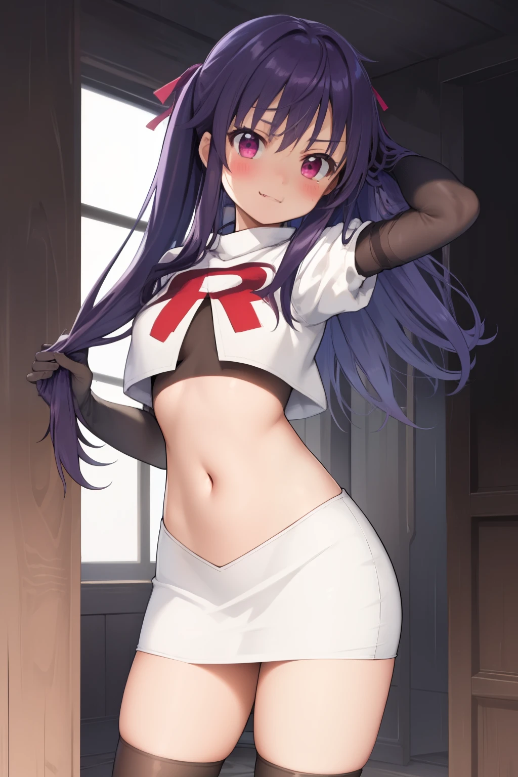 masterpiece, best quality, blush, 1girl, cowboy shot, solo, ebikurumi, long hair, twintails, open mouth, fang, purple eyes, purple hair, hair ribbon, smile, looking at viewer, depth of field, team rocket,team rocket uniform,white skirt,red letter R,crop top,black thigh-highs,black elbow gloves