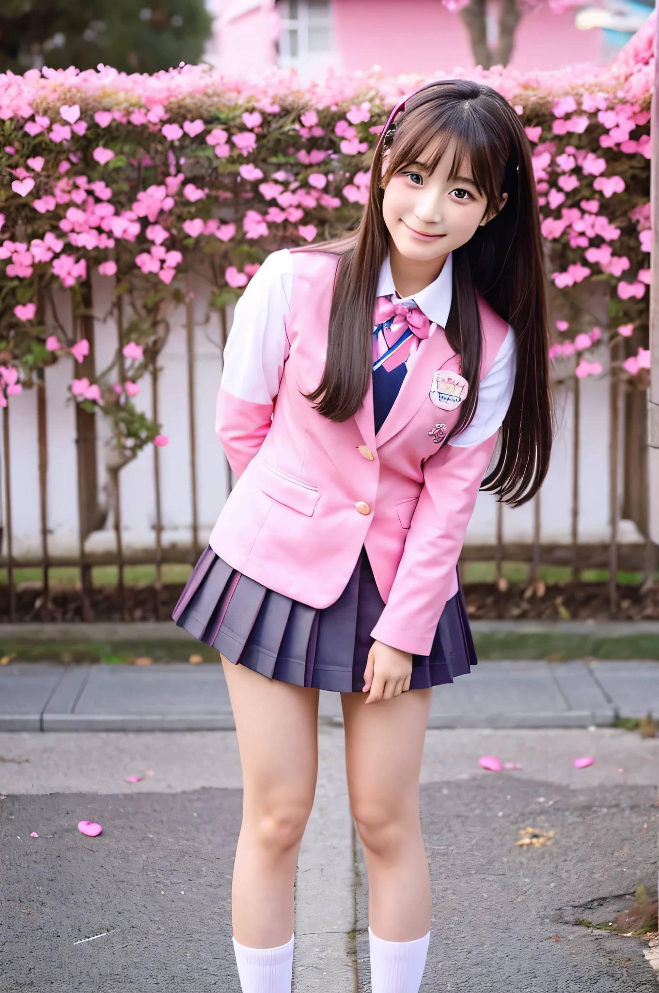 cute japanese girl (18-year-old) Wearing high school uniform and pink miniskirt and holding Valentine chocolates