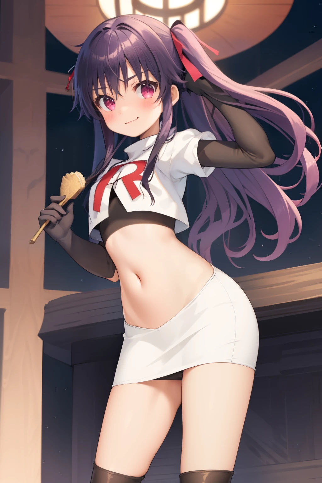 masterpiece, best quality, blush, 1girl, cowboy shot, solo, ebikurumi, long hair, twintails, open mouth, fang, purple eyes, purple hair, hair ribbon, smile, looking at viewer, depth of field, team rocket,team rocket uniform,white skirt,red letter R,crop top,black thigh-highs,black elbow gloves