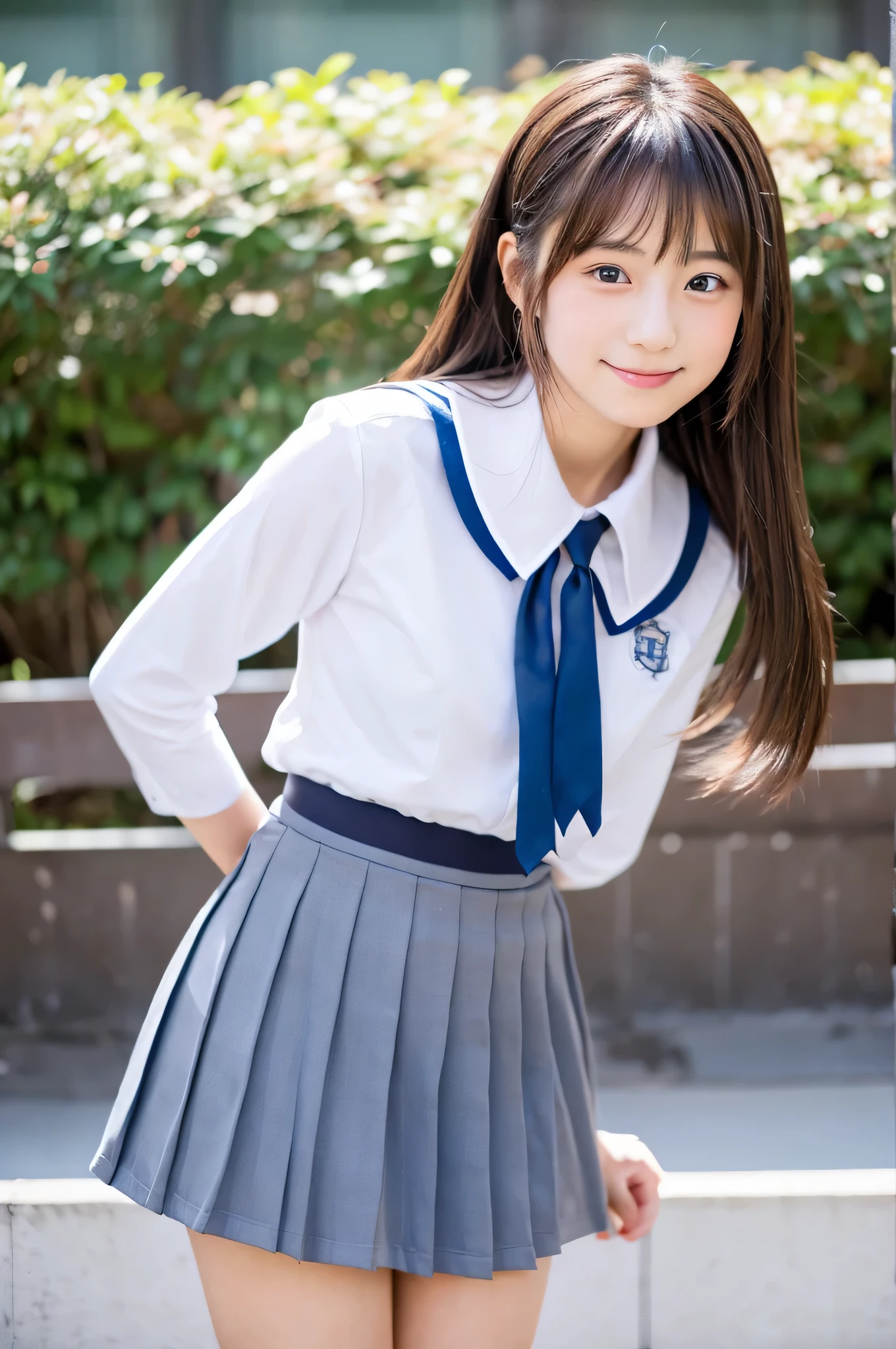 cute japanese girl (18-year-old) Wearing high school uniform and gray miniskirt and holding Valentine chocolates