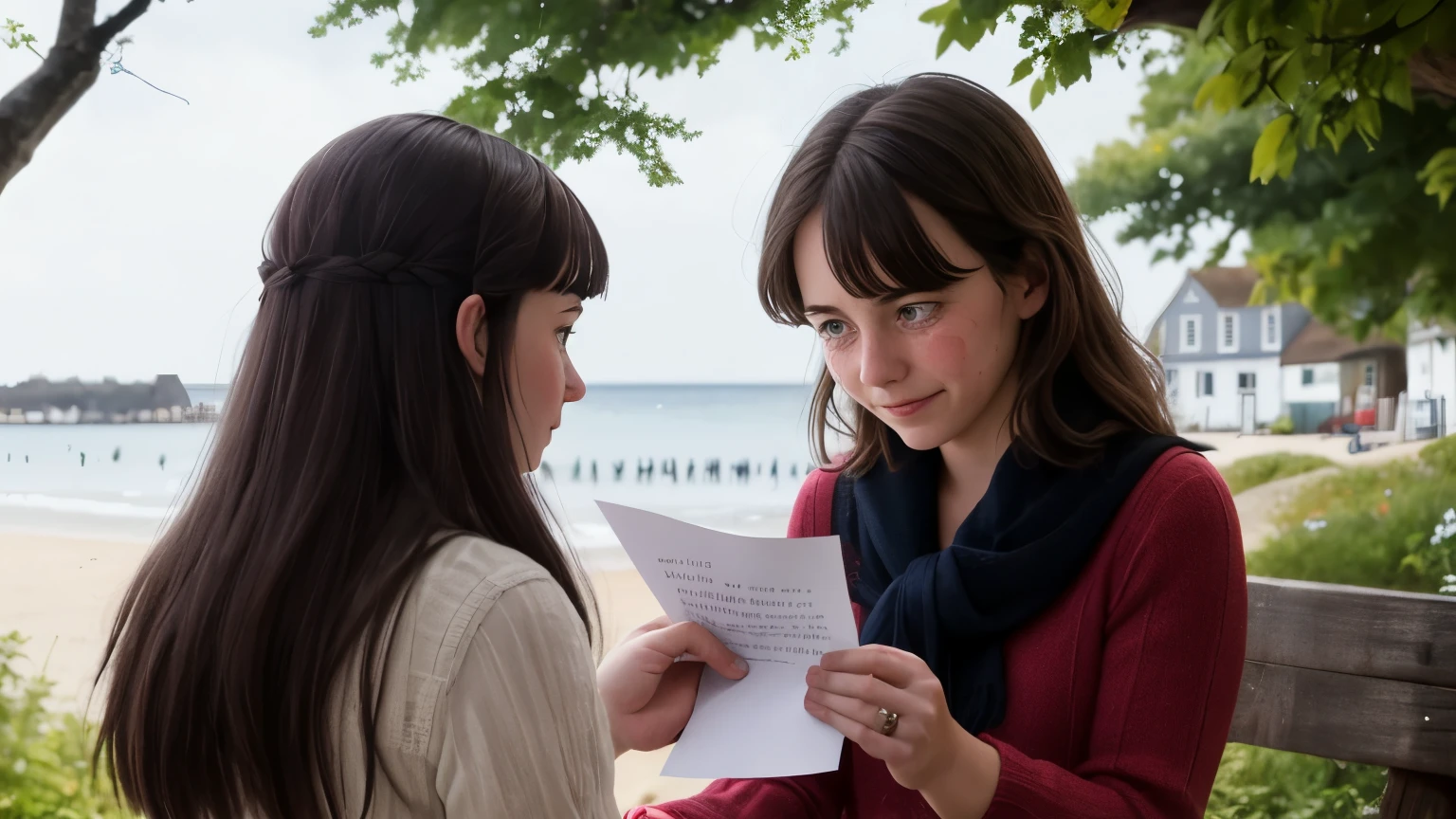 Emily handing the letter to Lily, with tears in Lily's eyes. Finally, after many trials and tribulations, Emily reached her destination: a quaint seaside village where Lily resided. With trembling hands, she handed the letter to Lily, who read it with tears streaming down her face. It was a bittersweet moment as Lily realized the depth of Jack's love, knowing he would never return.