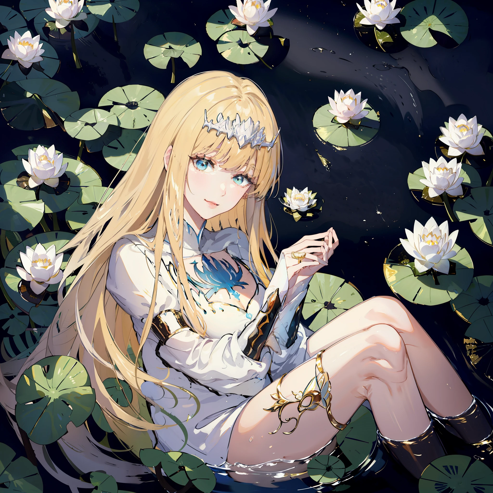 masterpiece, High resolution, 8K, one anime woman, Delicate and detailed writing 、Detailed digital illustration、Aristocratic clothing、High image quality, High quality、Detailed background、Glittering background、The inside of the eye shines like a diamond、4 fingers, 1 thumb、Detailed female face、Smile、Very beautiful and cute woman、Go inside the pond、froggy、A smile、Photo up to the waist、Lots of beautiful lotus flowers on the background、stardust、Soft Focus , Bright gradient watercolor , Lens Flare , Glitter , Glow , Dreamy Backgrounds Main、Far angle、(((Very beautiful colorful lotus flower、lotus leaves)))、The main thing is a very large lotus flower、froggy、rainbows, ,1girl, solo, Calca, blonde hair, extremely long hair, white tiara, white dress, blue eyes, medium breasts