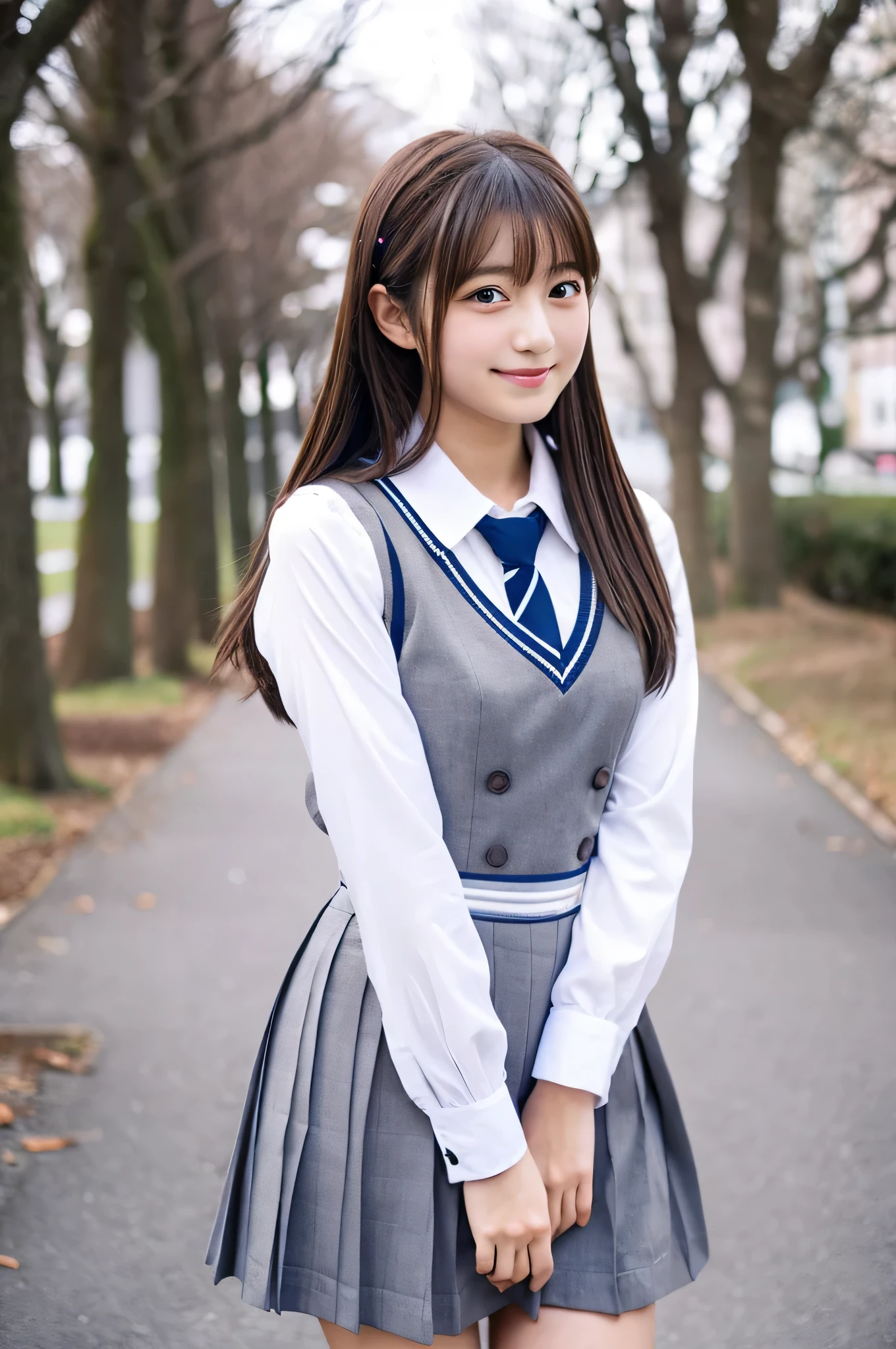 cute japanese girl (18-year-old) Wearing high school uniform and gray miniskirt and holding Valentine chocolates