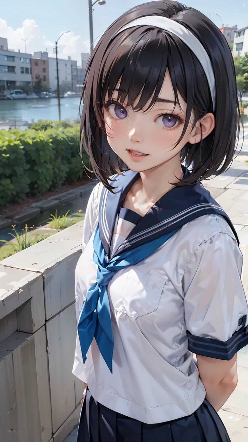 sailor suit, one woman, (a beauty woman, delicate :1.3), 8K, highest quality, masterpiece, Super detailed, ultra high resolution, realistic, RAW photo, absolute resolution, black hair, bob cut, small face compared to body, very small face, black hair, navy blue sailor uniform, Dark blue skirt, High school girl in sailor suit, Anime 2D rendering, realistic若いアニメの女子高生, , ((white headband)), (white headband), position looking down from above, small breasts, tall, slanted eyes, purple eyes, (school scenery), black stockings, bright color, open your mouth, smile,