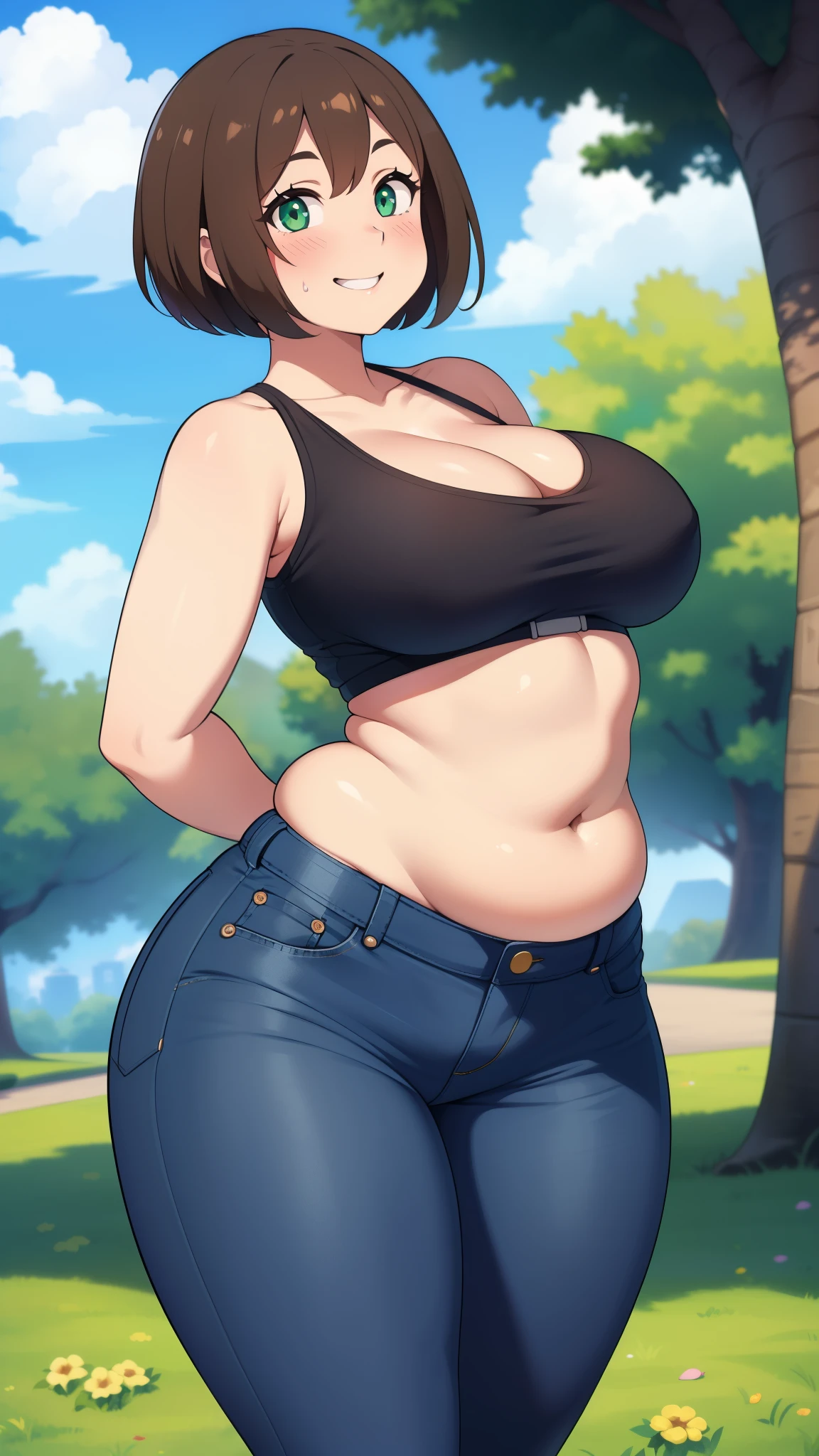 ((highres)), Masterpiece, high quality, best quality, beautiful, perfect lighting, detailed face, ultra cute face, ((1girl)), ((solo), short brown hair, fluffy hair, green eyes, blush, affectionate smile, teasing, arms behind back, looking at viewer, white crop top, jeans, standing in a park, daytime, cloudy, medium breasts, cleavage, wide hips, thick thighs, chubby