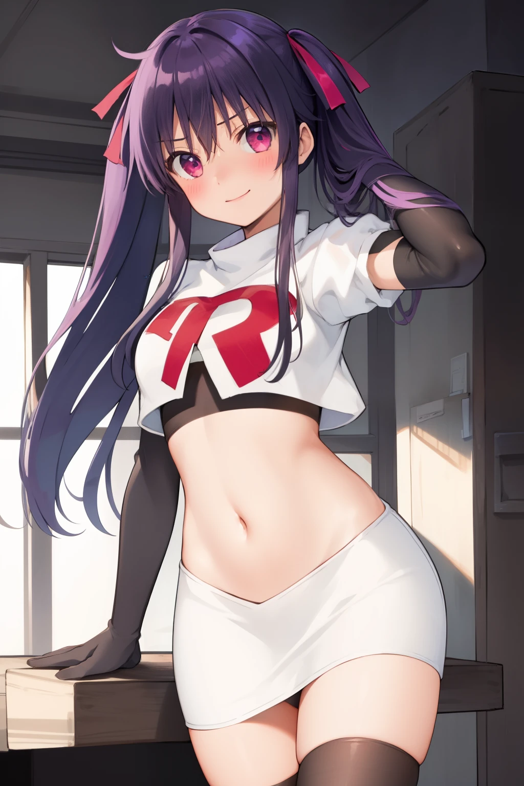 masterpiece, best quality, blush, 1girl, cowboy shot, solo, ebikurumi, long hair, twintails, open mouth, fang, purple eyes, purple hair, hair ribbon, smile, looking at viewer, depth of field, team rocket,team rocket uniform,white skirt,red letter R,crop top,black thigh-highs,black elbow gloves