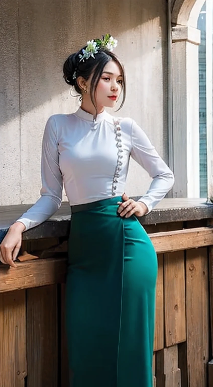 photorealistic, high resolution, masterpiece, best quality ,ultra-detailed, 1women, hair bun , jesmine flower on the head, mature female, solo, hips up, (wearing acmmsayarma outfit, acmmsayarma white top with buttons, long sleeves), ((acmmsayarma green long skirt))