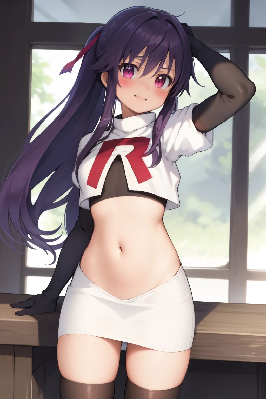 masterpiece, best quality, blush, 1girl, cowboy shot, solo, ebikurumi, long hair, twintails, open mouth, fang, purple eyes, purple hair, hair ribbon, smile, looking at viewer, depth of field, team rocket,team rocket uniform,white skirt,red letter R,crop top,black thigh-highs,black elbow gloves