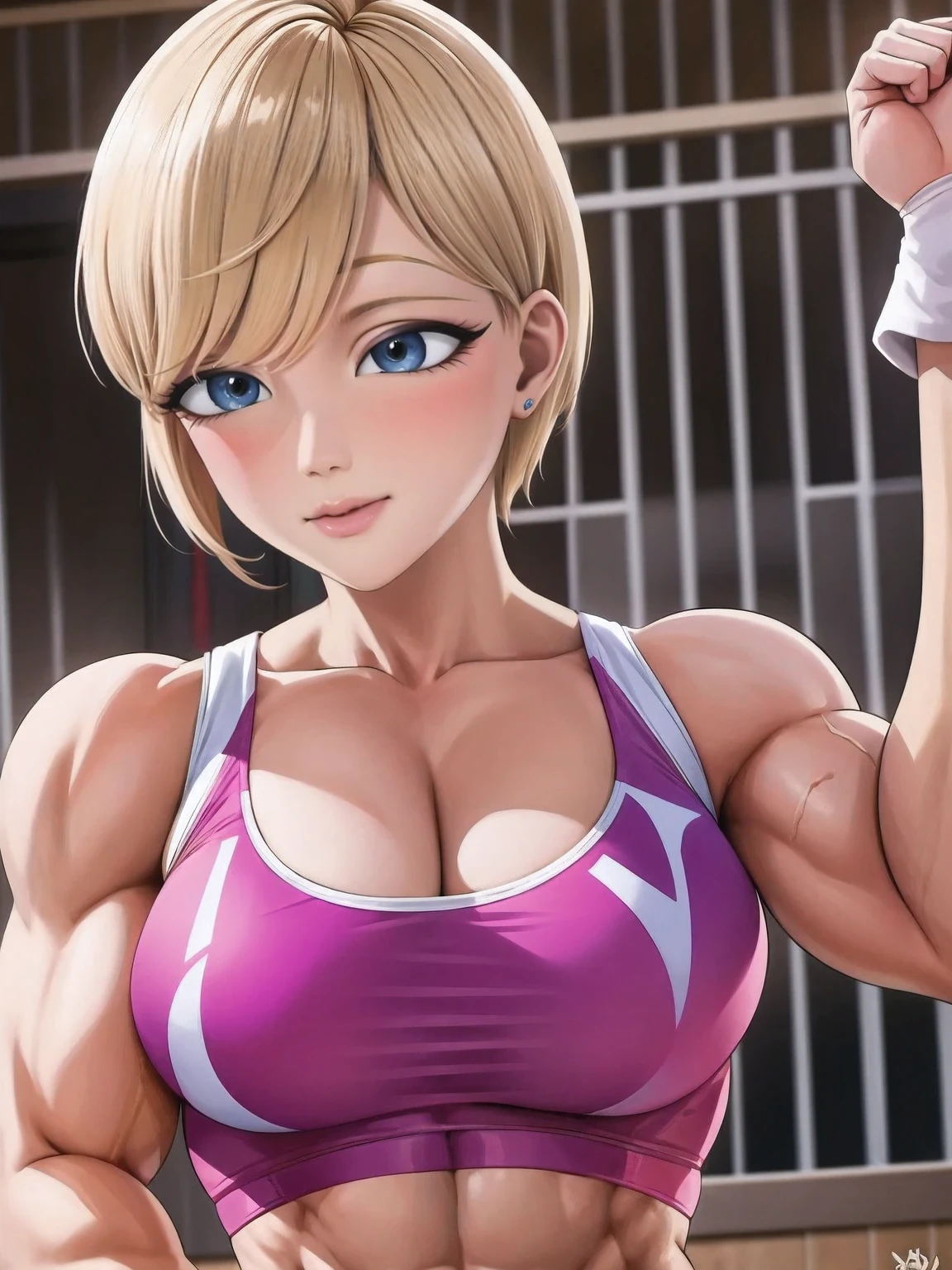 (masterpiece, best quality:1.2),miraculous,Rose Lavillant, 1girl, solo,short blonde hair,bluebell eye's,pink-top,white pants,,muscular,female,bodybuilder,strong,toned physique,ripped muscles,lean body,fitness enthusiast,empowered,confident,posing on the stage,determined expression,fierce competition,bulging biceps,sweat dripping,veins popping,athletic physique,intense workout sessions,strong legs,bulky shoulders,disciplined lifestyle,dedicated training regimen,fitness inspiration,endurance,unstoppable force,barbell,weights,exercise equipment,stamina,perseverance,sculpted arms,powerful presence,fitness model,athleticism,competition preparation,high-intensity training,competition stage,striking physique,mental fortitude,motivation,hard work,persistence,inspiring,admired by others