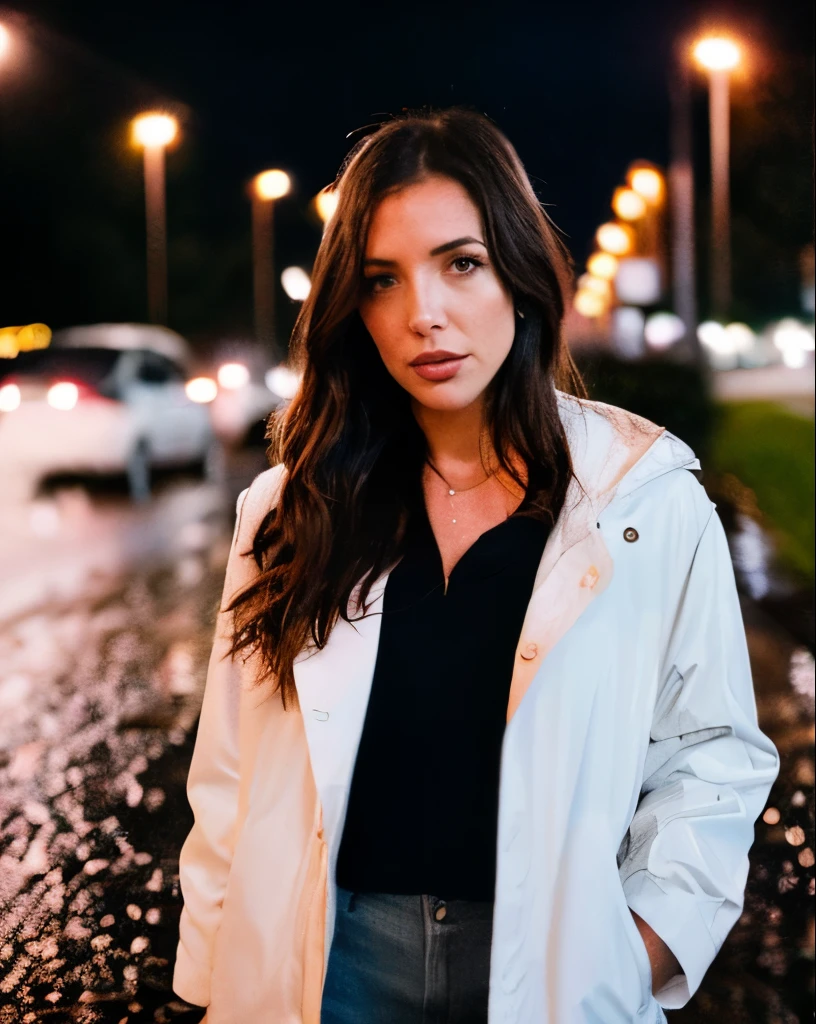 Katie Cassidy in a white jacket standing in the rain, pretty girl standing in the rain, late night raining, raining portrait, rain!!!!, rainy night, in the rain, it is night and raining, rainy evening, portrait sophie mudd, 8k artgerm bokeh, raining, at evening during rain, by irakli nadar