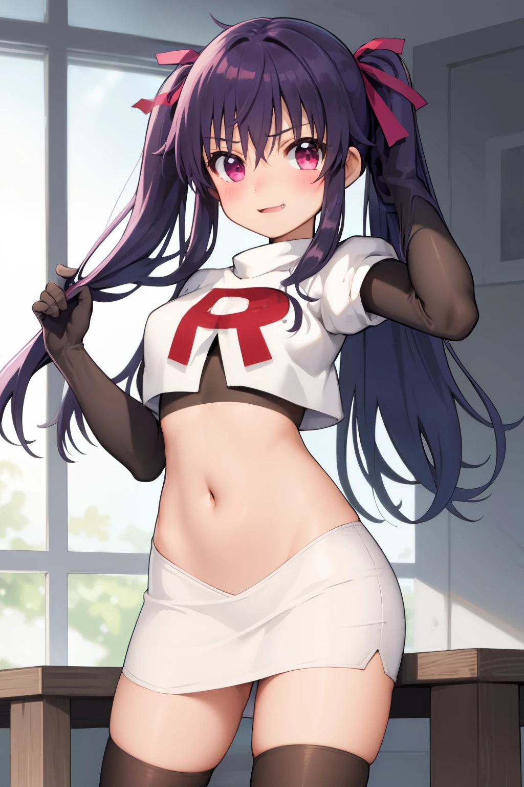 masterpiece, best quality, blush, 1girl, cowboy shot, solo, ebikurumi, long hair, twintails, open mouth, fang, purple eyes, purple hair, hair ribbon, smile, looking at viewer, depth of field, team rocket,team rocket uniform,white skirt,red letter R,crop top,black thigh-highs,black elbow gloves