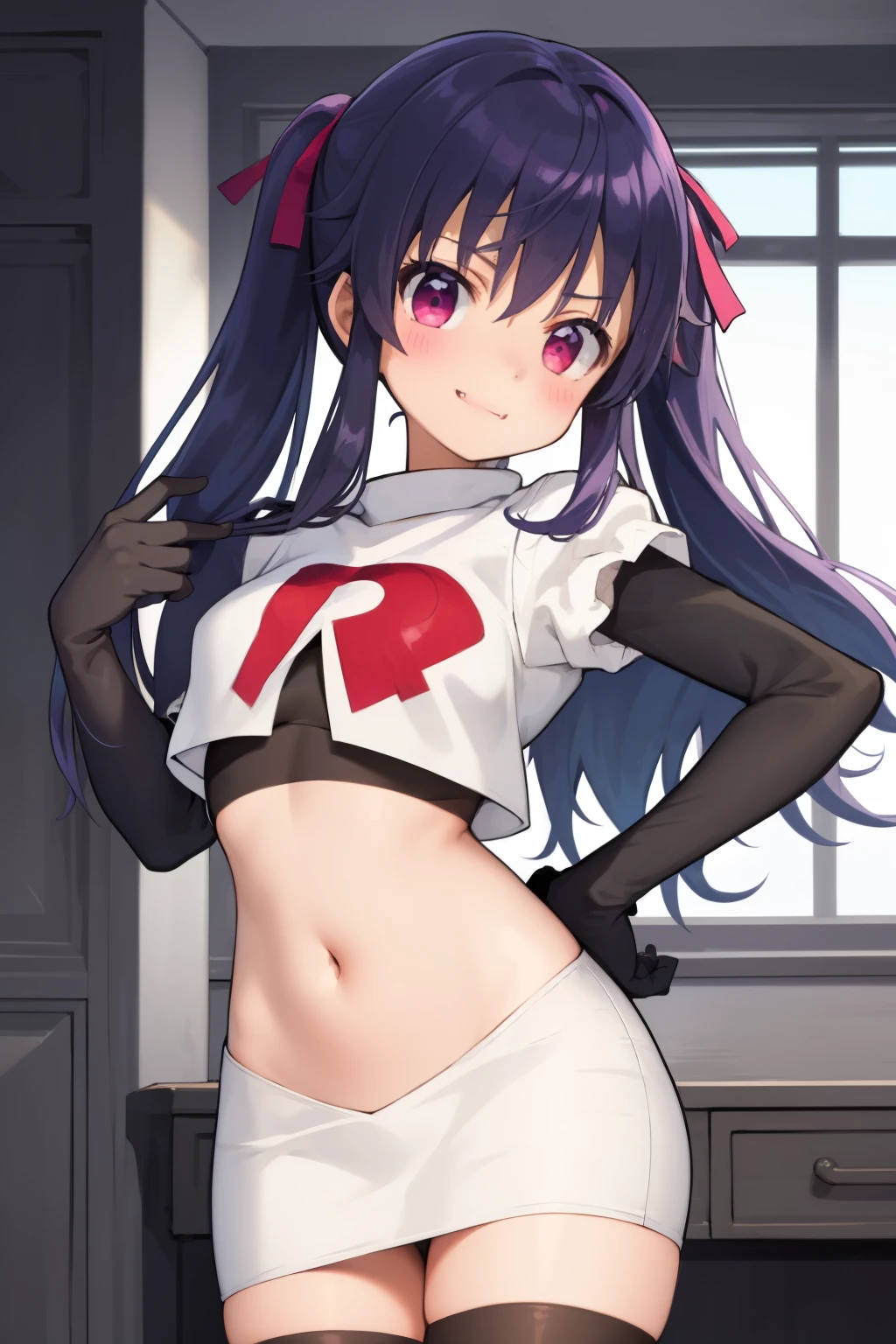 masterpiece, best quality, blush, 1girl, cowboy shot, solo, ebikurumi, long hair, twintails, open mouth, fang, purple eyes, purple hair, hair ribbon, smile, looking at viewer, depth of field, team rocket,team rocket uniform,white skirt,red letter R,crop top,black thigh-highs,black elbow gloves