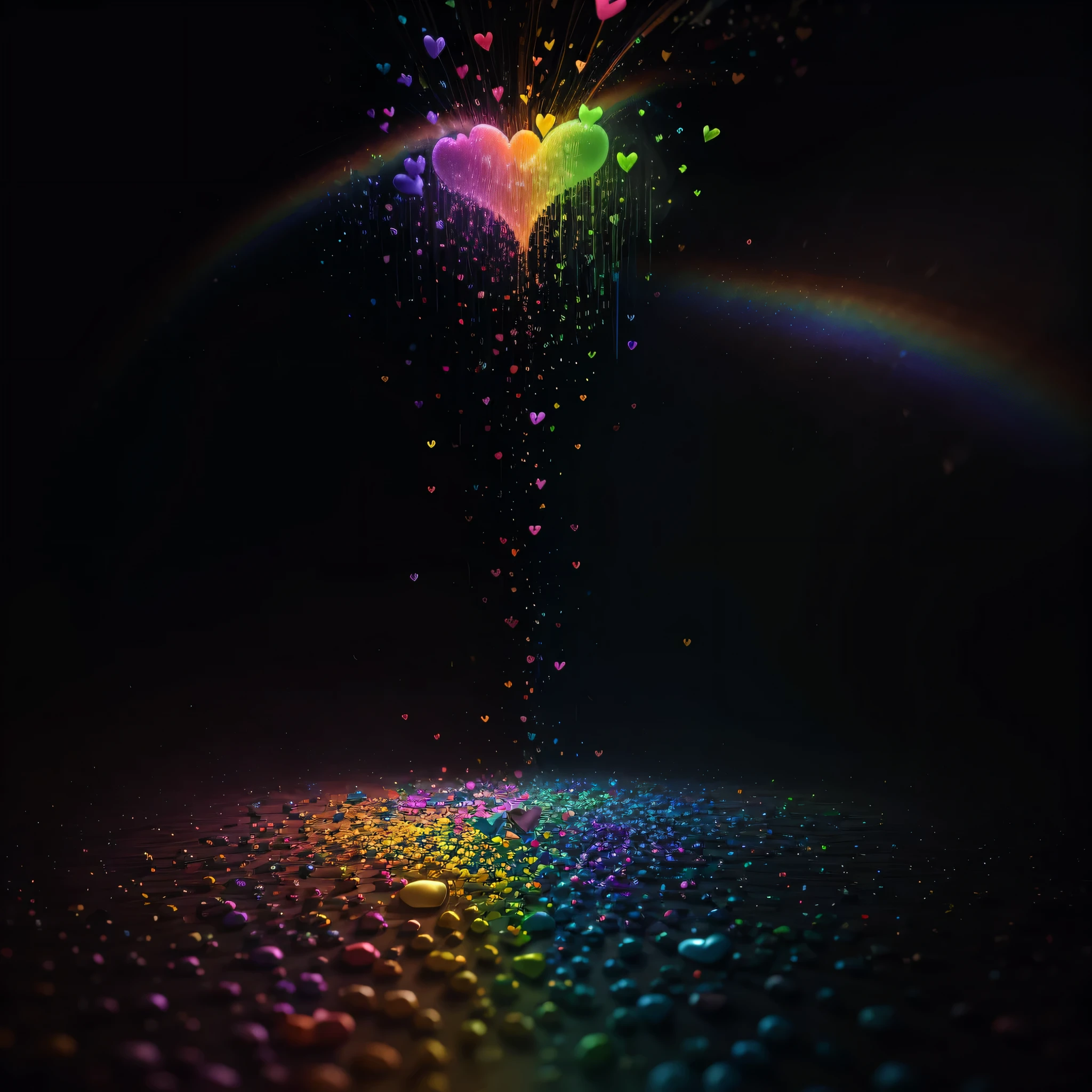 octane render, hdr, (hyperdetailed:1.15), (soft light, sharp:1.2), rainbow hearts, many hearts, ultra detailed, thick forest of hearts, rainbow raindrops, splashing, rainbow clouds dripping, hearts crying, broken hearts, sadness flowing, tears glowing