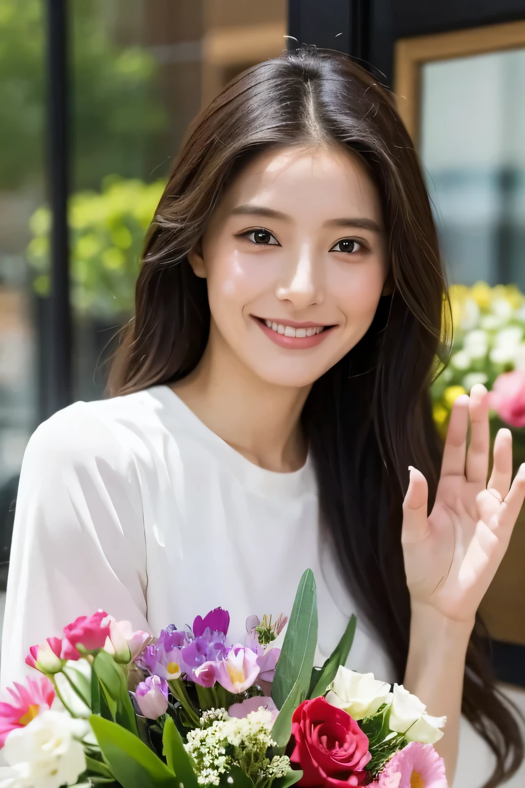 masterpiece, best quality, extremely detailed, hyperrealistic, photorealistic, a pretty woman working at flower shop:1.2, waving hand, saying hi, looking at the viewer