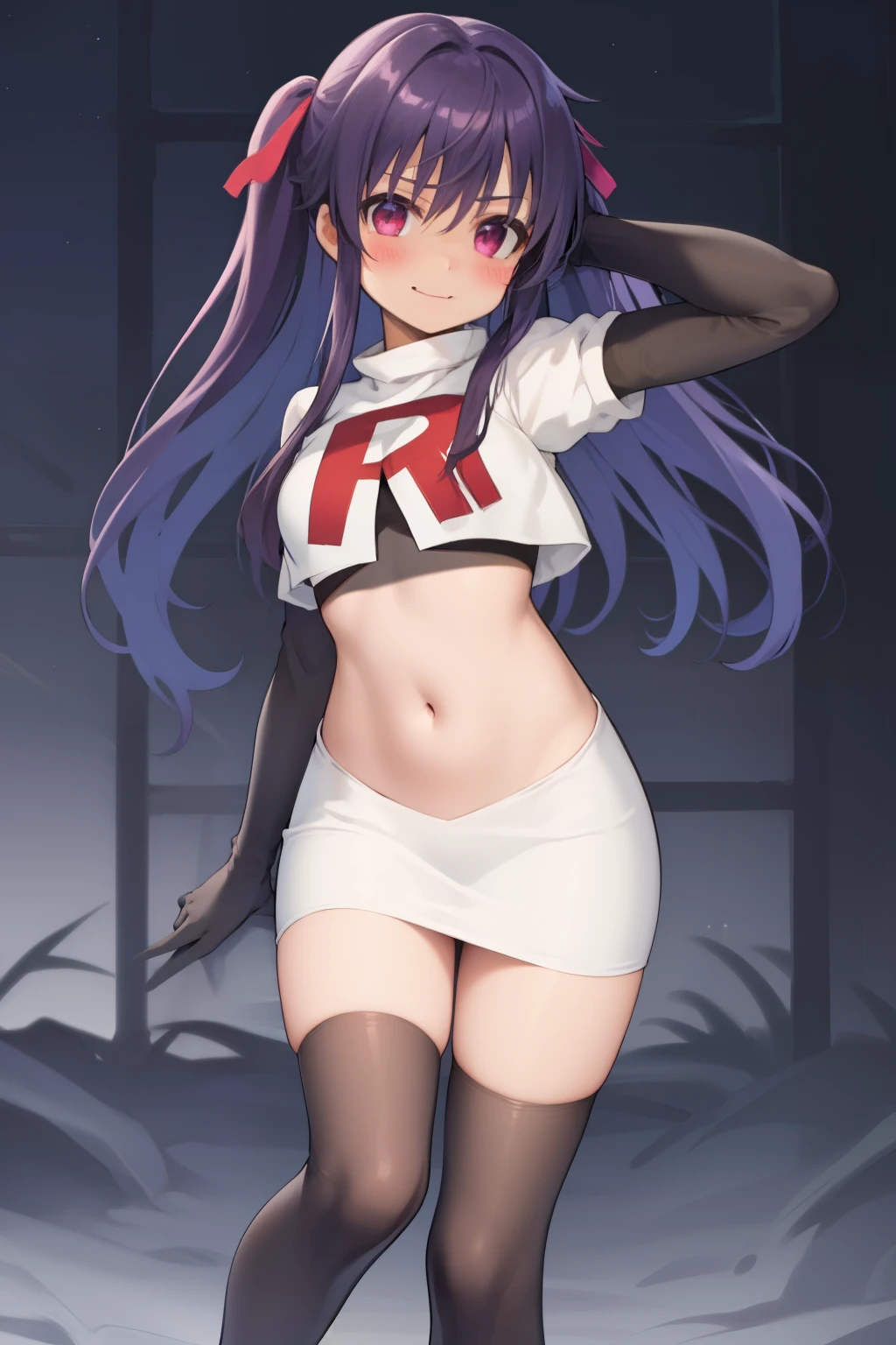 masterpiece, best quality, blush, 1girl, cowboy shot, solo, ebikurumi, long hair, twintails, open mouth, fang, purple eyes, purple hair, hair ribbon, smile, looking at viewer, depth of field, team rocket,team rocket uniform,white skirt,red letter R,crop top,black thigh-highs,black elbow gloves